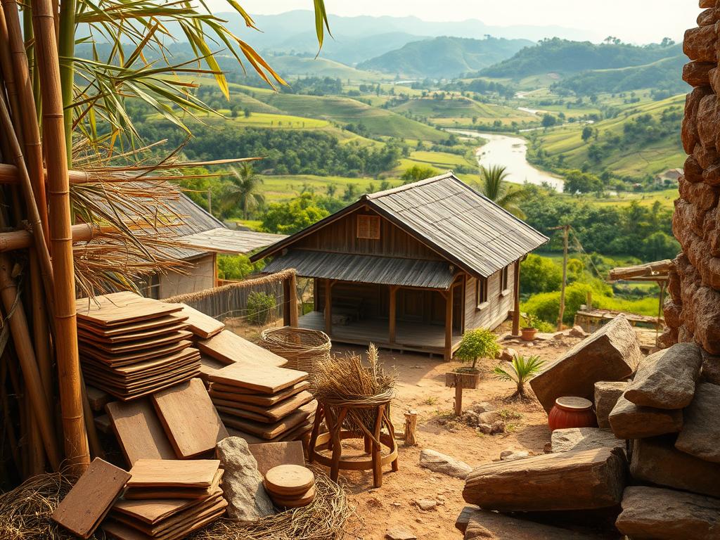 A rustic village scene with a focus on the selection of building materials for simple yet beautiful homes. In the foreground, an array of natural materials - bamboo, clay tiles, and locally-sourced stone - are displayed, showcasing their textures and colors. In the middle ground, a traditional wooden house stands, its exterior walls and roof crafted from these sustainable elements. The background reveals a lush, verdant landscape with rolling hills and a winding river, creating a picturesque rural setting. The lighting is warm and soft, evoking a sense of tranquility. The overall mood is one of harmony between the structures and their natural environment. www.jowolandborepile.com