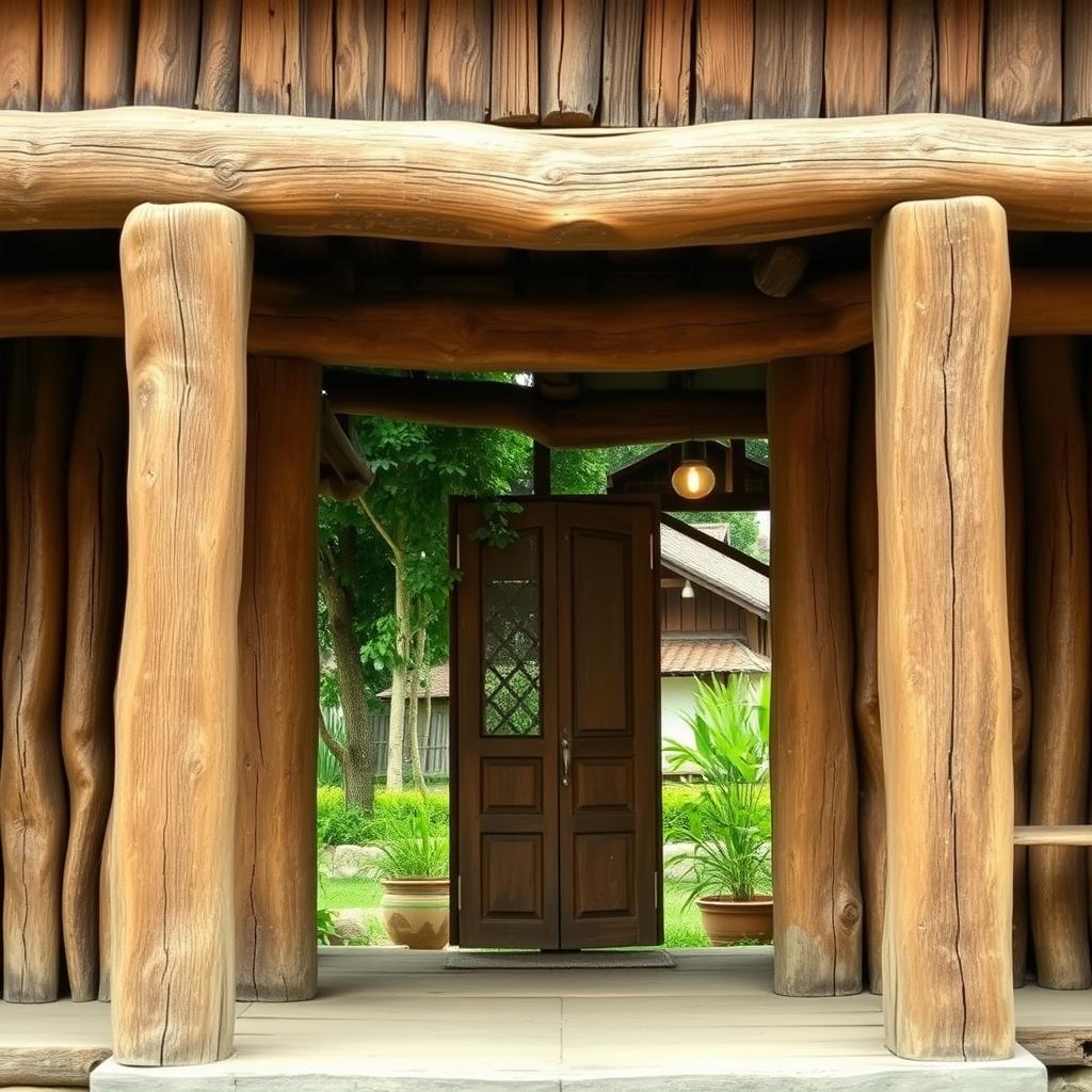 A rustic wooden facade with natural textures and tones, featuring a simple yet charming design. The entrance is framed by rough-hewn wooden beams, complemented by weathered planks and a warm, earthy color palette. Subtle lighting casts a soft, inviting glow, highlighting the organic beauty of the materials. In the background, the lush greenery of a quaint village setting provides a serene backdrop, reflecting the humble, rural character of the home. Showcasing the www.jowolandborepile.com brand, this image embodies the essence of simple, authentic living in a traditional kampung setting.