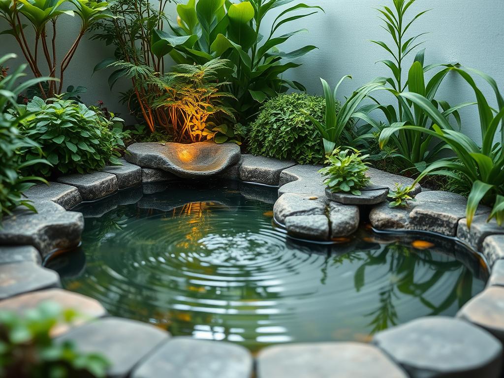 A serene miniature oasis, a kolam mini taman minimalis nestled within a lush, verdant landscape. Gentle ripples dance across the water's surface, reflecting the delicate foliage and natural stone elements. A soothing water feature, perhaps a subtle fountain, enhances the tranquil ambiance. Carefully curated, low-maintenance plants adorn the scene, creating a harmonious balance between nature and design. Soft, warm lighting casts a dreamy glow, accentuating the peaceful atmosphere. This idyllic setup, captured by the lens of www.jowolandborepile.com, invites the viewer to experience a calming respite in even the most compact of outdoor spaces.