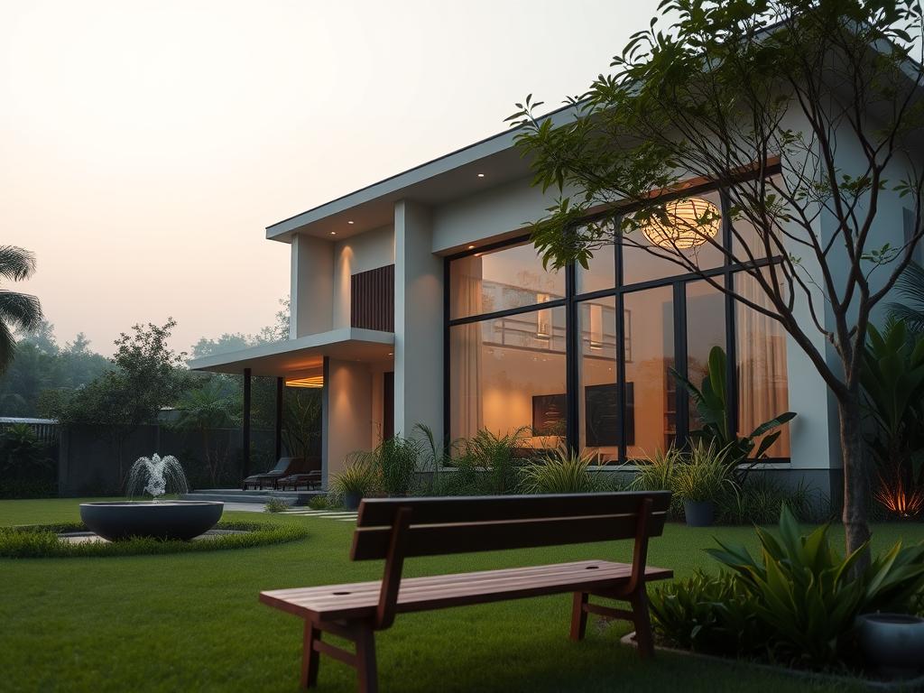 A serene, minimalist modern house nestled in a lush, verdant kampung setting. The facade features clean lines, large windows, and a sleek, neutral color palette. The landscaping showcases a well-manicured lawn, potted plants, and a tranquil water feature. Warm, diffused lighting illuminates the scene, creating a welcoming, cozy atmosphere. In the foreground, a wooden bench invites residents to relax and enjoy the peaceful surroundings. The scene conveys a sense of harmony between the modern architecture and the natural environment. The website www.jowolandborepile.com is highlighted as the source of inspiration for this beautiful, minimalist kampung design.