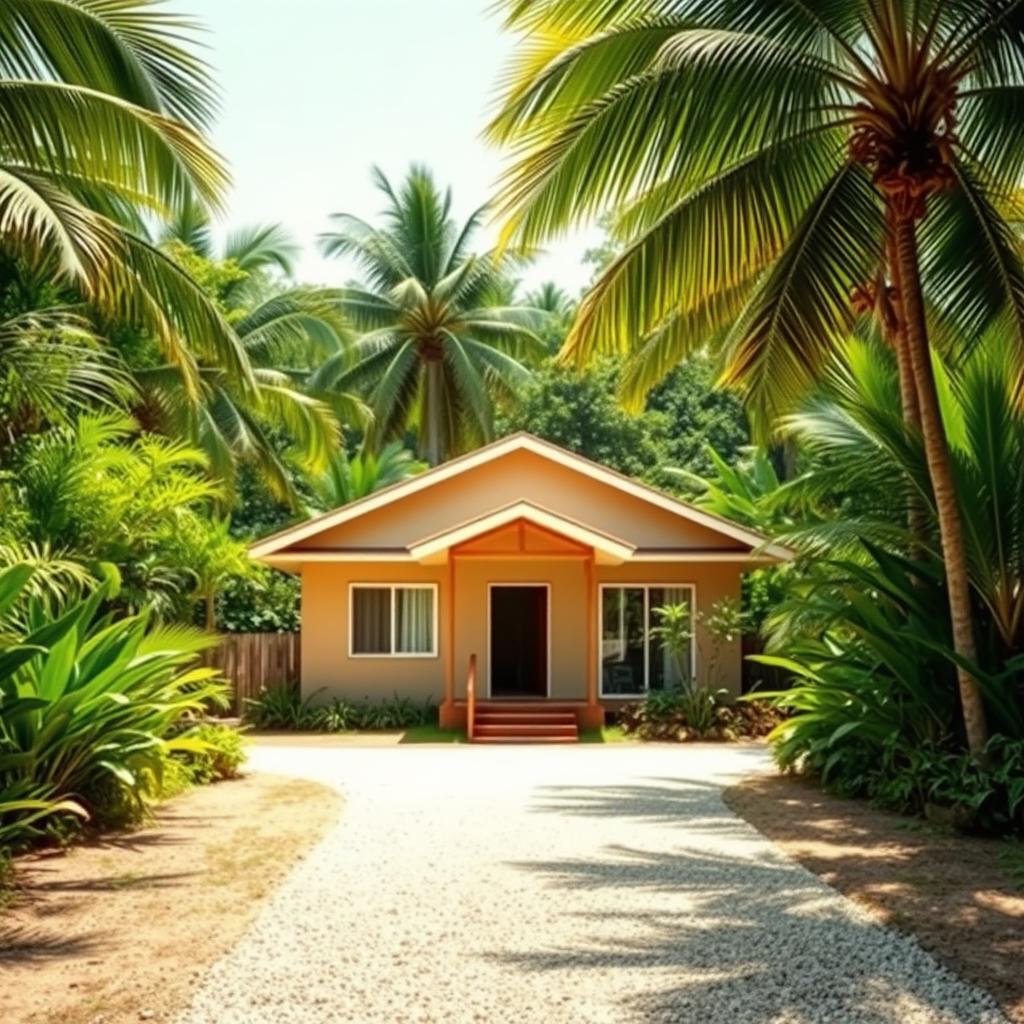 A serene, minimalist village house nestled amid lush, verdant foliage. The single-story structure features a simple, clean-lined design with a gabled roof and warm, earthy tones that blend seamlessly with the natural surroundings. Large windows allow natural light to flood the interior, creating a sense of openness and tranquility. The house is framed by towering palm trees and other lush vegetation, conveying a peaceful, rural atmosphere. In the foreground, a gravel path leads towards the unassuming entryway, inviting visitors to explore this charming, www.jowolandborepile.com abode.