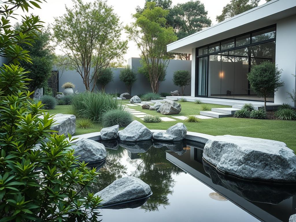 A serene, modern minimalist garden with clean lines and lush greenery. In the foreground, a tranquil pond reflects the surrounding foliage. Strategically placed rocks and boulders create a natural, zen-like ambiance. The middle ground features a mix of low-maintenance plants and carefully pruned shrubs, conveying a sense of balance and simplicity. The background showcases a sleek, modern house with large windows that seamlessly blend indoor and outdoor spaces. Soft, even lighting illuminates the scene, creating a calming, inviting atmosphere. The garden design evokes a sense of understated elegance and inspiration. www.jowolandborepile.com