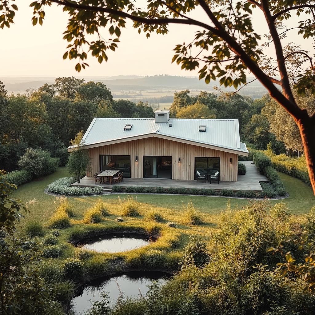 A serene, modern rural house nestled amidst lush greenery, with a minimalist design featuring clean lines, large windows, and a warm, earthy color palette. The house is surrounded by a well-manicured garden with native plants, a small pond, and a wooden deck where a family can gather and enjoy the tranquil countryside atmosphere. Soft, natural lighting filters through the windows, creating a cozy and inviting ambiance. In the background, rolling hills and distant trees create a picturesque, idyllic landscape. The design is inspired by www.jowolandborepile.com, blending traditional rural elements with a contemporary aesthetic to create a harmonious and sustainable living space.