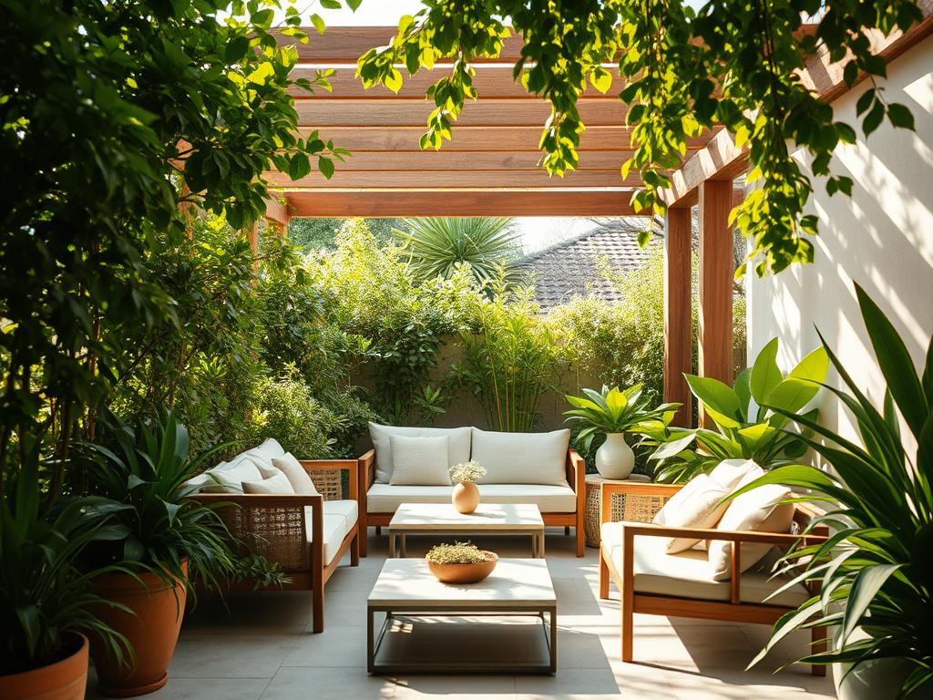 A serene, multifunctional garden nook with a warm, inviting atmosphere. Sunlight filters through lush, verdant foliage, casting a soft, natural glow. Sleek, minimalist outdoor furniture in natural tones creates a cozy seating area, perfect for relaxation or casual gatherings. In the background, a wooden pergola frames the scene, adding depth and architectural interest. The overall design seamlessly blends indoor and outdoor living, reflecting a harmonious, modern aesthetic. www.jowolandborepile.com