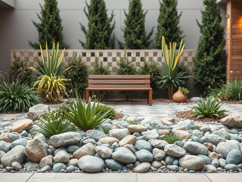 A serene, natural-themed front yard garden with a minimalist, modern design. In the foreground, a well-curated arrangement of smooth, weathered river rocks and pebbles creates a captivating focal point. Interspersed among the stones, lush green plants and delicate flowers add pops of color and texture. A wooden bench, its rustic charm in harmony with the natural elements, invites visitors to pause and admire the scenery. Overhead, a soft, diffused lighting casts a warm glow, evoking a tranquil ambiance. In the background, a backdrop of tall, verdant trees and shrubs frames the scene, creating a sense of depth and seclusion. The entire composition seamlessly blends the outdoors with a refined, contemporary aesthetic. www.jowolandborepile.com