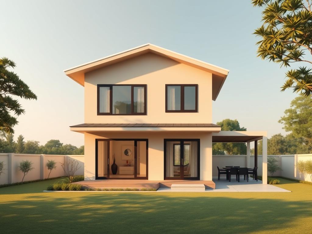 A simple yet elegant two-story house nestled in a serene landscape, with a warm, neutral color palette and clean, minimalist lines. The front facade features a welcoming porch and large windows that flood the interior with natural light. The roofline is gently sloped, creating a harmonious blend of traditional and modern elements. In the backyard, a well-manicured garden leads to a tranquil patio area, perfect for outdoor gatherings. The overall design exudes a sense of balance and practicality, showcasing the possibilities of a 200 million IDR budget for a straightforward, yet stylish two-story home. www.jowolandborepile.com