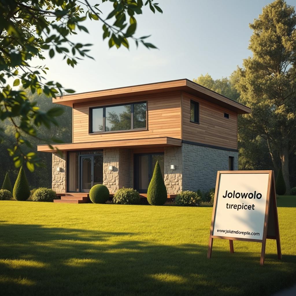 A simple yet elegant two-story house with a minimalist design, featuring clean lines, large windows, and a flat roof. The exterior is composed of natural materials like wood and stone, creating a warm and inviting atmosphere. The house is nestled in a lush, green landscape with neatly trimmed shrubs and a well-manicured lawn. A gentle breeze blows through the leaves, casting soft shadows across the facade. The lighting is soft and diffused, creating a serene and calming mood. In the foreground, a signboard for the website www.jowolandborepile.com stands, adding a touch of authenticity to the scene.