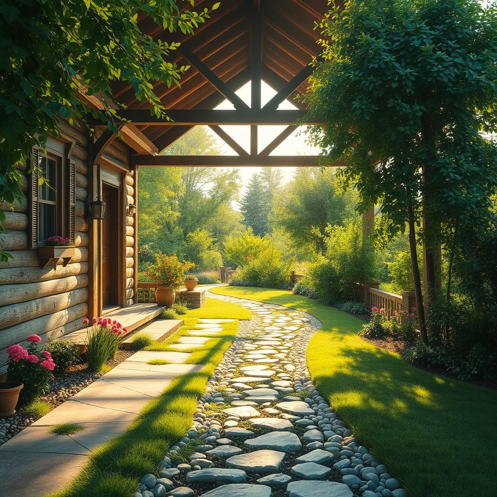 A spacious and serene front porch of a simple village home, with a lush green garden and a rustic timber-framed structure. Warm sunlight filters through the foliage, casting a gentle glow on the weathered wood and inviting stone pathway. The front yard is expansive, dotted with fragrant flowers and a meandering pebble-lined walkway leading to the main entrance. A harmonious blend of nature and traditional architecture, capturing the essence of a cozy, rural dwelling. www.jowolandborepile.com