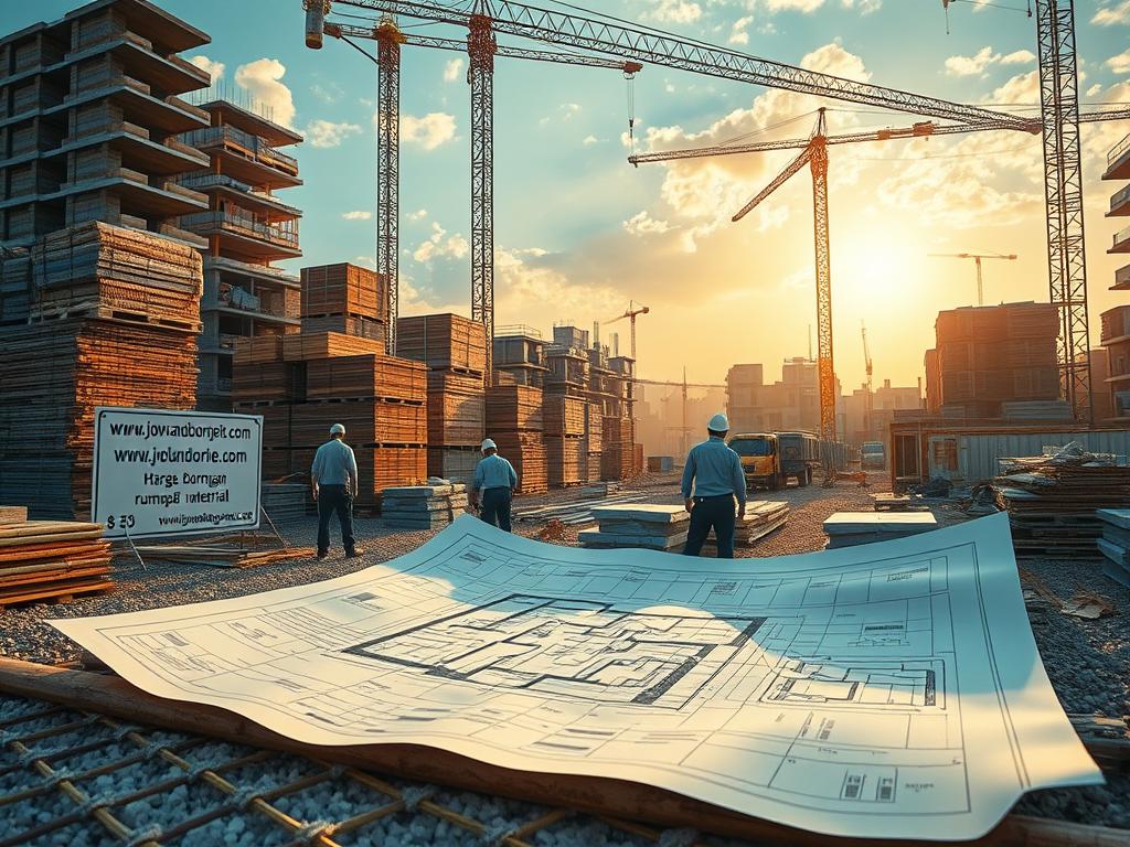 A sprawling construction site, with towering piles of building materials and a team of skilled workers meticulously measuring and calculating the costs. In the foreground, a detailed blueprint unfolds, showcasing the intricate design of a modern house. Amid the bustling activity, a prominent sign reads "www.jowolandborepile.com", indicating the expertise of the construction company. The scene is bathed in warm, golden lighting, capturing the sense of progress and the careful planning that goes into determining the "harga borongan rumah per meter plus material" - the comprehensive cost of a turnkey house project.