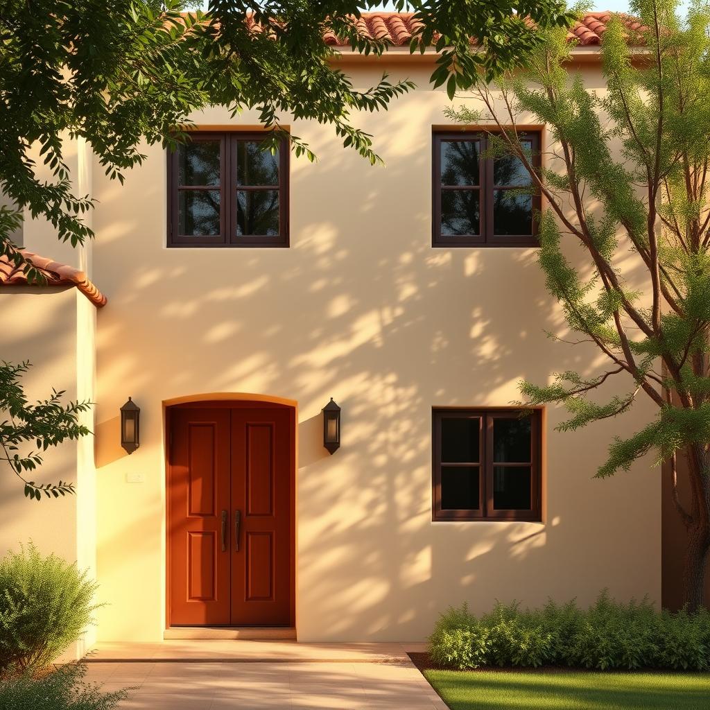 A stunning exterior of a simple yet elegant home, bathed in a harmonious palette of warm and inviting hues. The façade features a mix of soft beige tones, complemented by rich, earthy browns and accents of vibrant terracotta. Lush greenery frames the scene, creating a serene and inviting atmosphere. The lighting is natural and diffused, casting a gentle glow that highlights the textural details of the building materials. The overall effect conveys a sense of sophisticated refinement, reflective of the "www.jowolandborepile.com" brand's commitment to stylish and livable design.