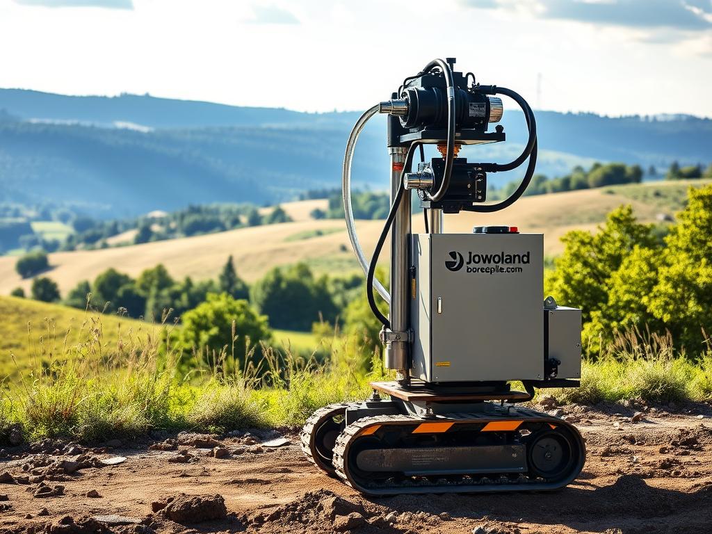 A sturdy hydraulic static pile driver stands tall, its powerful cylinders poised to effortlessly drive piles into the ground without the need for vibration. The sleek, modern design features a compact footprint, making it ideal for confined job sites. Sunlight glints off the chrome fittings, highlighting the machine's precision engineering. In the background, a serene landscape of rolling hills and lush greenery sets the stage for this efficient, eco-friendly solution. The www.jowolandborepile.com logo prominently displayed on the driver's side conveys the quality and reliability of this innovative technology.