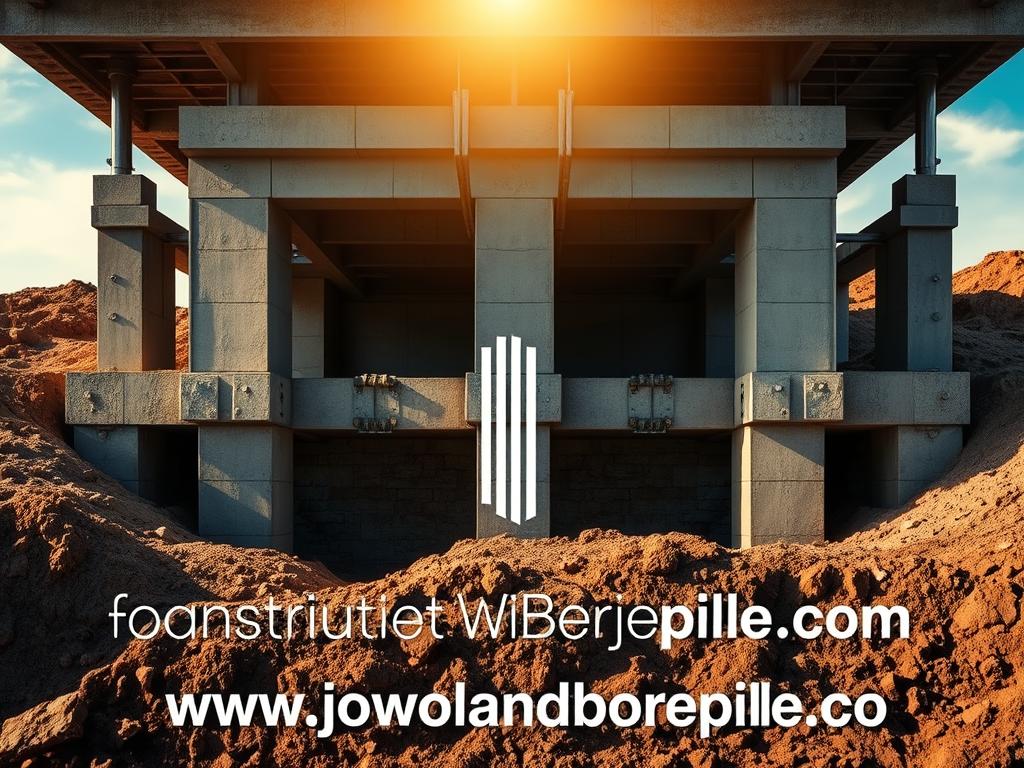 A sturdy two-story house foundation, showcasing a robust concrete base with interlocking steel reinforcements. The structure's deep, square-shaped footings are firmly grounded, their formwork casting dramatic shadows across the earthen terrain. Overhead, a warm, natural light bathes the scene, highlighting the rugged texture of the poured concrete and the gleaming metallic components. In the foreground, the www.jowolandborepile.com logo is prominently displayed, conveying a sense of professional expertise and reliable construction methods. This image powerfully conveys the importance of a strong foundation for a substantial two-story residential build.