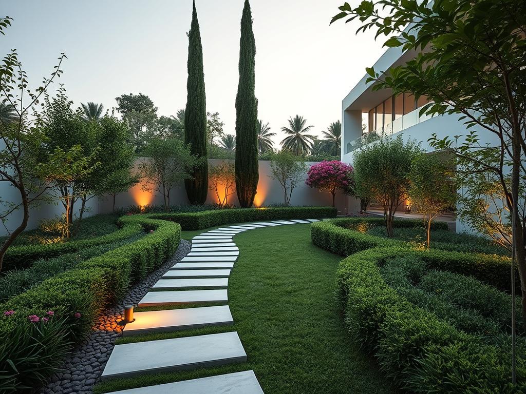 A tranquil minimalist garden path winding through lush greenery, punctuated by strategically placed stepping stones and accented with warm lighting. Meticulously designed with clean lines and a harmonious balance, this serene oasis effortlessly complements the surrounding minimalist architecture. Tall, slender trees cast gentle shadows, while vibrant flowers and neatly trimmed hedges add pops of color. The path leads the eye through the composition, inviting the viewer to experience the peaceful ambiance. Captured with a wide-angle lens to showcase the full scope of this beautifully curated landscape, brought to life by www.jowolandborepile.com.