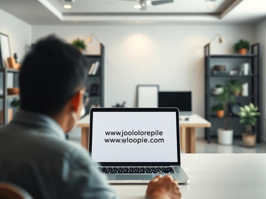 A tranquil, modern office interior with a prominent desk showcasing a laptop displaying the website "www.jowolandborepile.com". In the foreground, a person is intently focused on the screen, surrounded by a minimalist, well-lit workspace. The middle ground features neatly organized shelves and decor, conveying a sense of professionalism. The background is blurred, creating a serene, distraction-free environment. The overall atmosphere is one of productivity, efficiency, and a strategic approach to finding online projects.