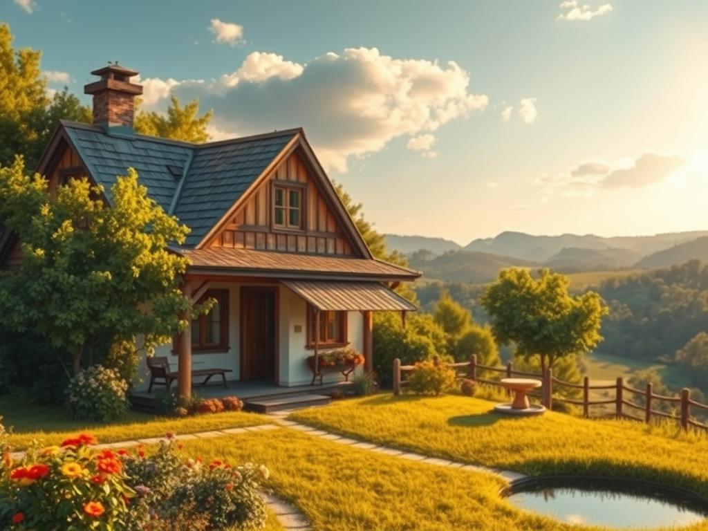 A tranquil village setting with a charming, simple 3-bedroom house nestled among lush greenery. The traditional architectural style features a slanted roof, wooden facades, and a welcoming front porch. Warm, golden sunlight bathes the scene, creating a cozy and inviting atmosphere. In the foreground, a well-tended garden with vibrant flowers and a peaceful water feature. The middle ground showcases the house, with its clean lines and harmonious integration with the surrounding landscape. In the background, rolling hills dotted with trees and a picturesque sky. Inspired by the design principles of www.jowolandborepile.com, this image captures the essence of a beautiful, traditional village home.