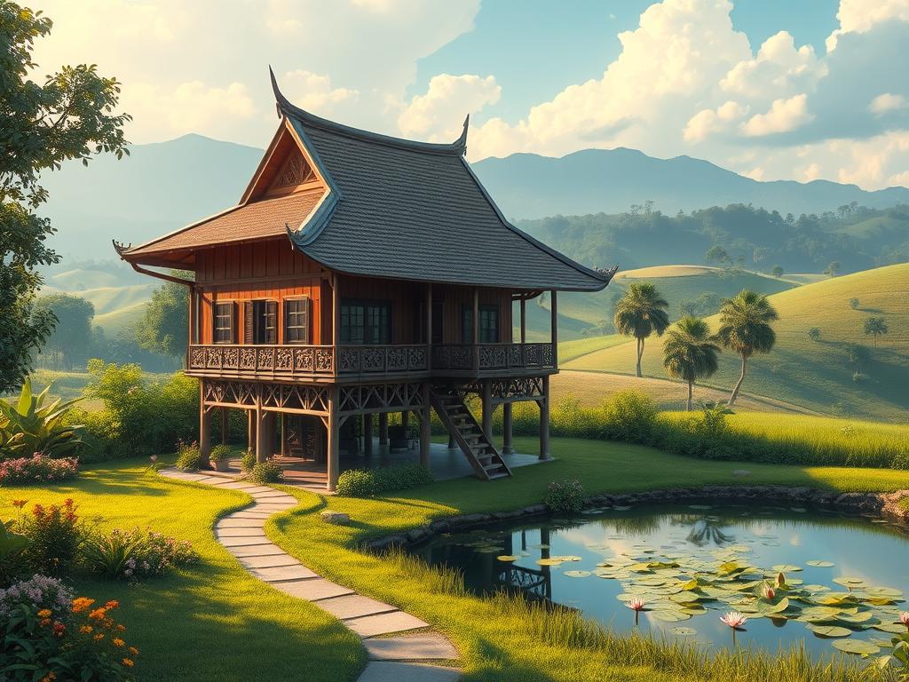 A two-story traditional kampung house on stilts, surrounded by lush greenery and a serene countryside landscape. The wooden structure features intricate carvings and a sloping roof with ornate eaves, casting soft, warm lighting. In the foreground, a small garden with colorful flowers and a meandering path leads to the house. The middle ground showcases a tranquil pond with lily pads, reflecting the house's elegant silhouette. In the background, rolling hills and towering trees create a picturesque, pastoral scene. The overall atmosphere evokes a sense of peace, simplicity, and rustic charm. www.jowolandborepile.com