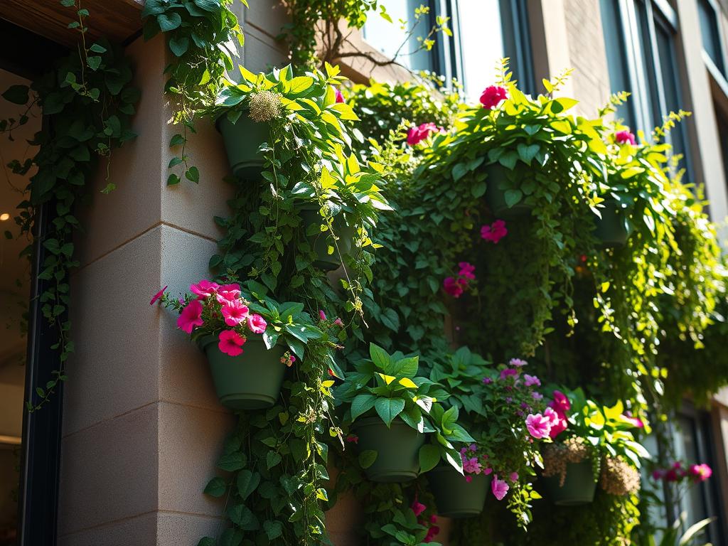 A verdant vertical garden with cascading hanging planters adorns the facade, creating a lush oasis in a compact urban setting. Sunlight filters through the foliage, casting delicate shadows and imbuing the scene with a serene, natural atmosphere. The www.jowolandborepile.com logo subtly adorns the corner, blending seamlessly into the composition. Vibrant flowers spill over the edges of the planters, adding pops of color and a sense of organic vitality. This captivating vertical garden effortlessly transforms a small outdoor space into a visually striking and calming retreat.