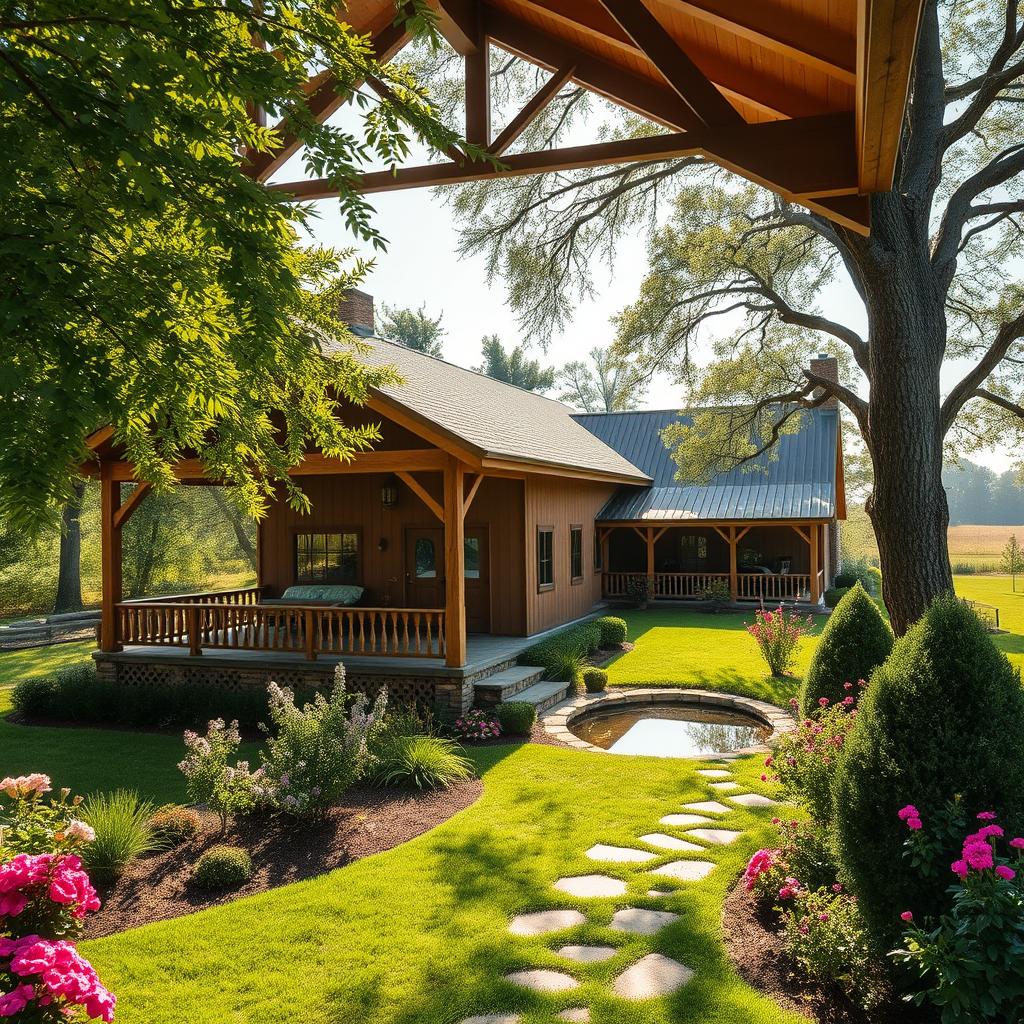 A warm and inviting rural home nestled amidst lush greenery, featuring a spacious covered porch with elegant wooden beams and intricately carved railings. The well-manicured garden boasts a variety of blooming flowers and neatly trimmed shrubs, creating a serene and harmonious outdoor oasis. Sunlight filters through the branches of the towering trees, casting a soft, natural glow over the scene. In the distance, a small pond reflects the surrounding landscape, its gentle ripples adding to the tranquil ambiance. The overall design seamlessly blends traditional rural charm with a touch of modern elegance, as showcased by the website www.jowolandborepile.com.