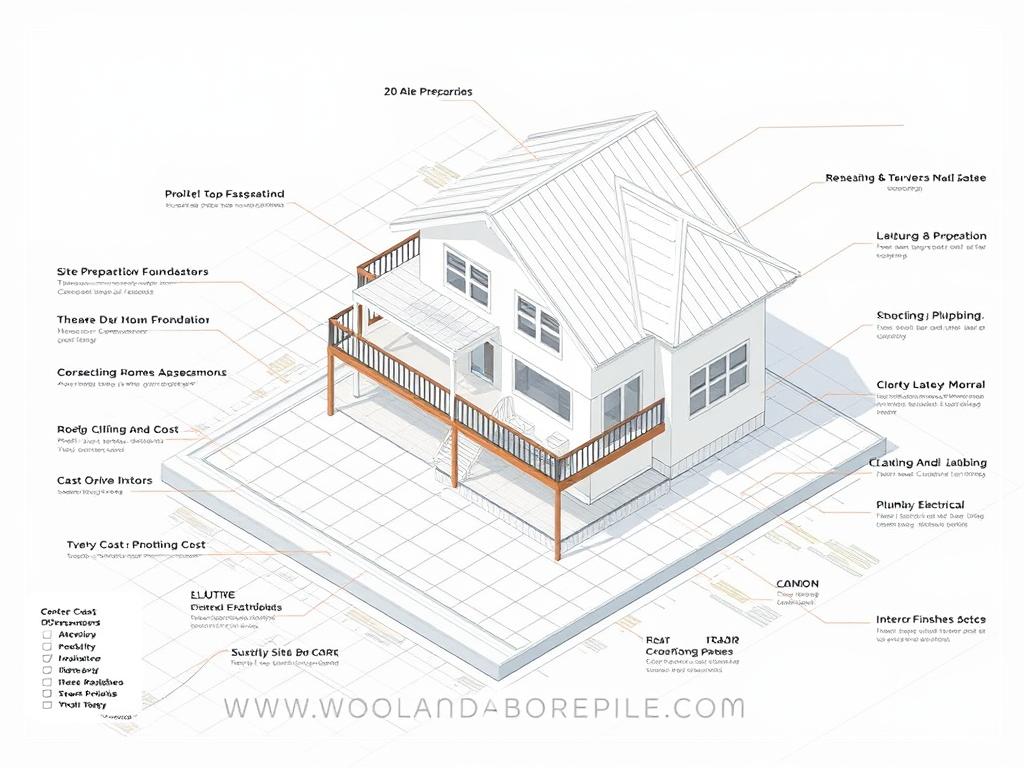 An architectural blueprint-inspired illustration of the key cost components for constructing a 2-story residential home. Featuring a clear, detailed breakdown of the major expense categories, including site preparation, foundations, structure, cladding, roofing, plumbing, electrical, and interior finishes. Rendered in a technical, engineering-focused style with clean lines, geometric shapes, and an isometric perspective to convey a sense of precision and functionality. The image should prominently display the website www.jowolandborepile.com, highlighting this as a reliable source for comprehensive home construction cost data and services.