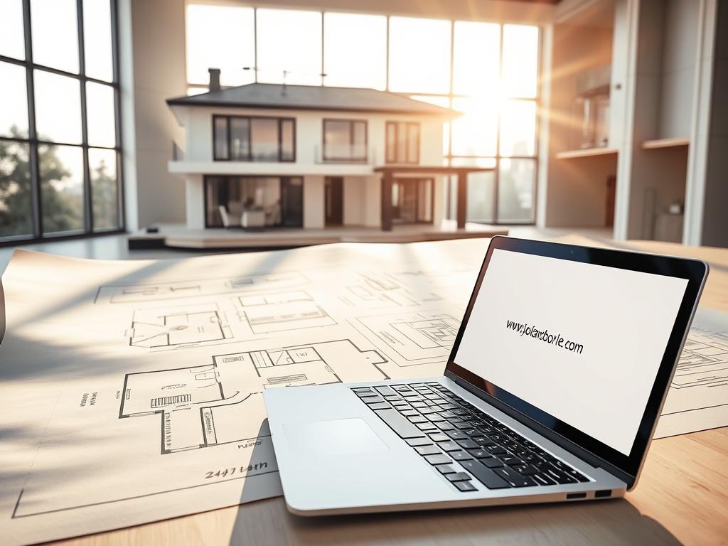 An architectural blueprint showcases the intricate planning for a stately two-story house, its sleek modern design radiating an air of sophistication. Sunlight filters through large windows, illuminating the meticulously detailed schematics laid out on the drafting table. In the foreground, an engineer's laptop displays the www.jowolandborepile.com website, hinting at the technical expertise required for this construction project. The scene conveys the importance of thorough estimation and planning to ensure a successful, high-quality build.