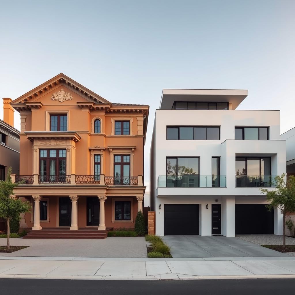 An architectural contrast: a classic two-story home in warm, earthy tones with ornate details, symmetrical windows and a grand entryway stands alongside a minimalist modern dwelling in sleek, monochrome hues, clean lines and a flat roof. Wide angle lens captures the juxtaposition, natural lighting highlighting the distinct aesthetics. www.jowolandborepile.com