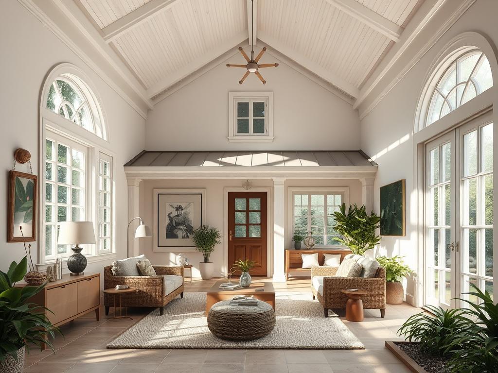 An elegant and harmonious interior and exterior design of a simple yet beautiful village house. A cozy living room with natural lighting streaming through large windows, showcasing a tasteful blend of modern and traditional elements. The exterior features a welcoming front porch, complemented by a well-manicured garden with lush greenery. The overall atmosphere exudes a sense of warmth, comfort, and seamless integration between the indoor and outdoor spaces. www.jowolandborepile.com