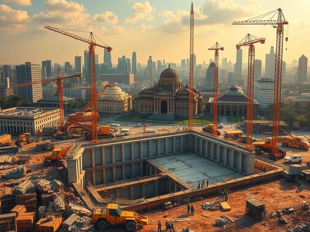 An expansive construction site with a mix of modern and traditional architectural elements. A large building foundation in the foreground, surrounded by piles of construction materials and heavy machinery. In the middle ground, workers coordinate the construction process, using cranes and scaffolding. The background features a cityscape with a mix of skyscrapers and historic buildings, bathed in warm, golden sunlight. The overall scene conveys a sense of progress and efficiency, reflecting the concept of "konsep pembangunan borongan". Prominently displayed in the scene is the website "www.jowolandborepile.com".