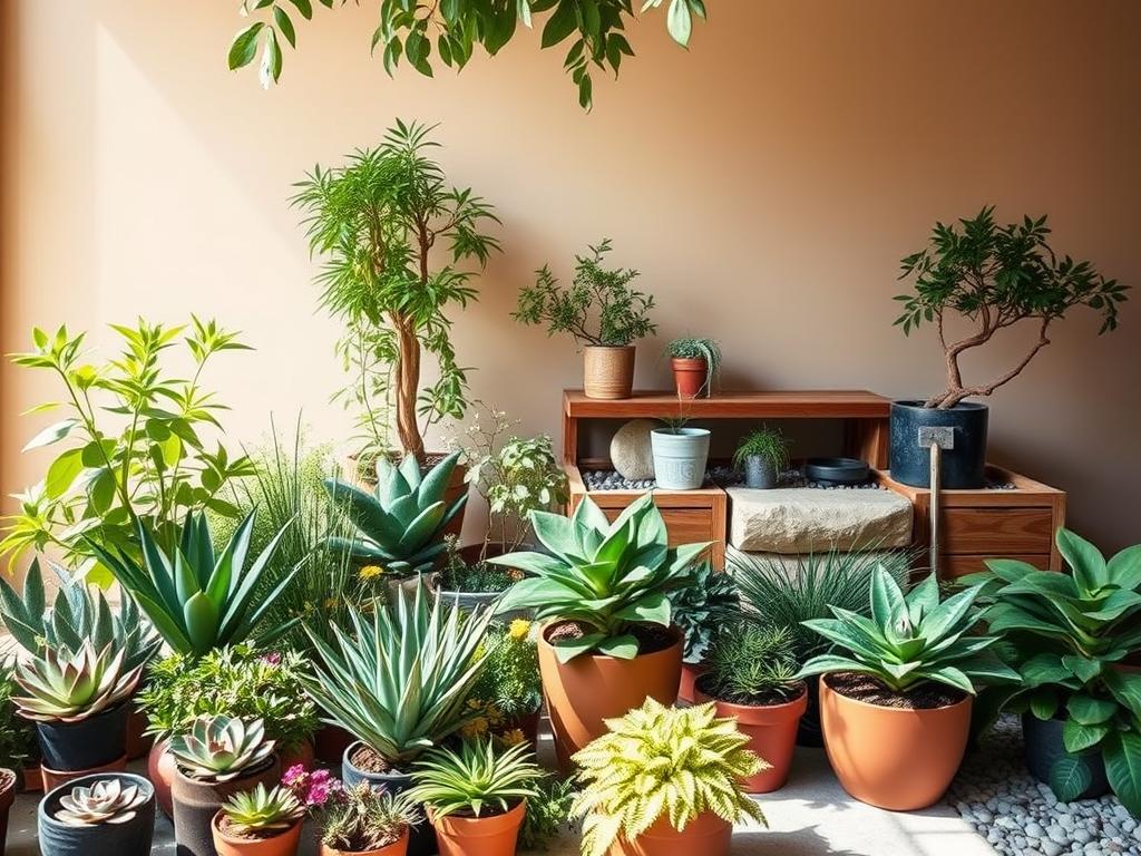 Detailed image of lush, tropical ornamental plants for a minimalist garden. Foreground features various potted succulents, ferns, and small flowers arranged neatly. Middle ground has a mix of potted shrubs and small trees, with dappled lighting filtering through. Background has a simple, clean-lined wood and stone garden feature, possibly a bench or planter, against a plain backdrop. Warm, natural tones throughout, with a sense of balance and tranquility. The overall design reflects a cohesive, low-maintenance aesthetic suitable for a small urban garden. www.jowolandborepile.com