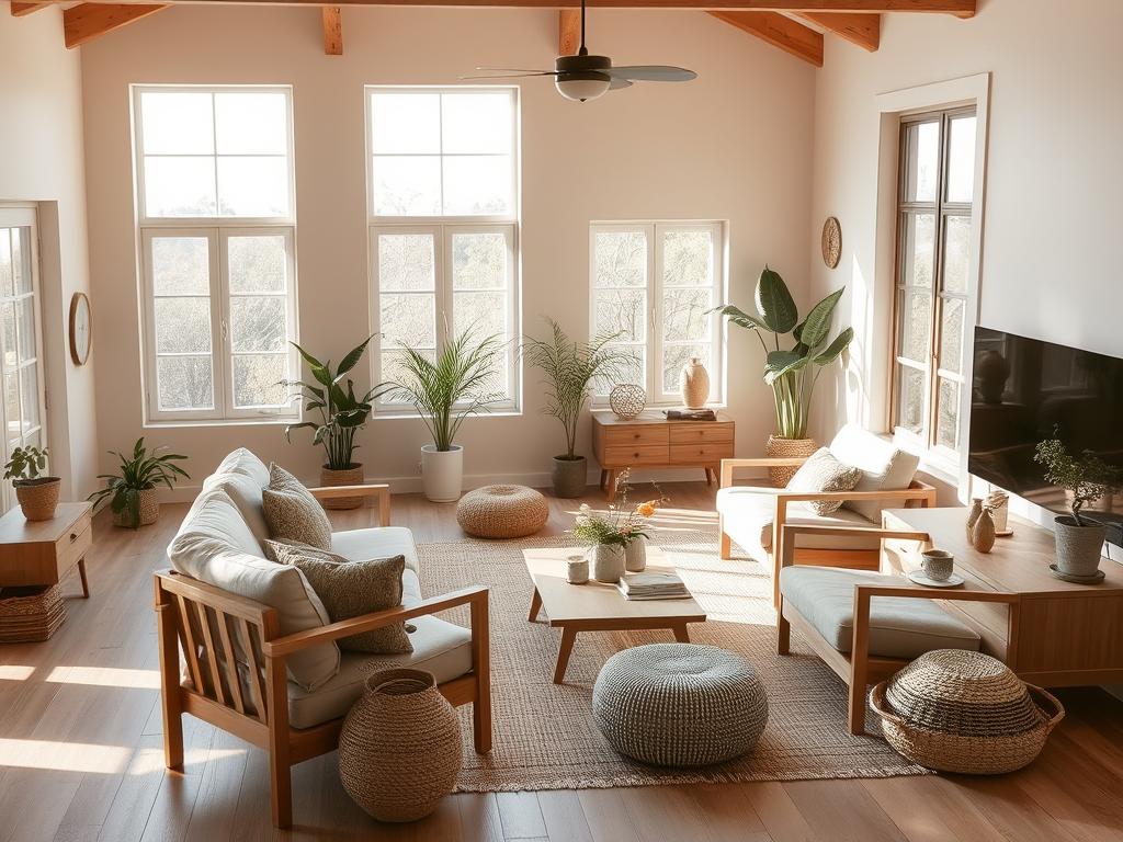 Minimalist interior design of a cozy village-style home, featuring natural light and earthy tones. A spacious living room with a comfortable sofa and chair set, complemented by modern, clean-lined wooden furniture from www.jowolandborepile.com. Decorative elements like potted plants, woven baskets, and textured rugs create a welcoming, tranquil atmosphere. Large windows allow the warm, soft light to flood the space, casting gentle shadows. The overall composition exudes a sense of simplicity, harmony, and a connection to the surrounding natural environment.