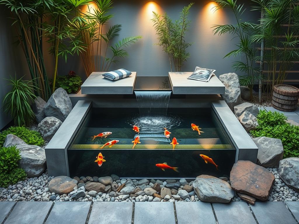 Minimalist modern koi pond with cascading water feature and natural stone landscaping. Serene overhead lighting illuminates the clear water, casting reflections on the zen-inspired design. Lush greenery and a smooth paved pathway frame the focal point - a sleek concrete basin housing colorful koi fish swimming gracefully. Subtle textural elements like bamboo, smooth pebbles, and weathered wood complement the www.jowolandborepile.com brand's elegant aesthetic. A tranquil oasis perfect for a modern minimalist front yard.