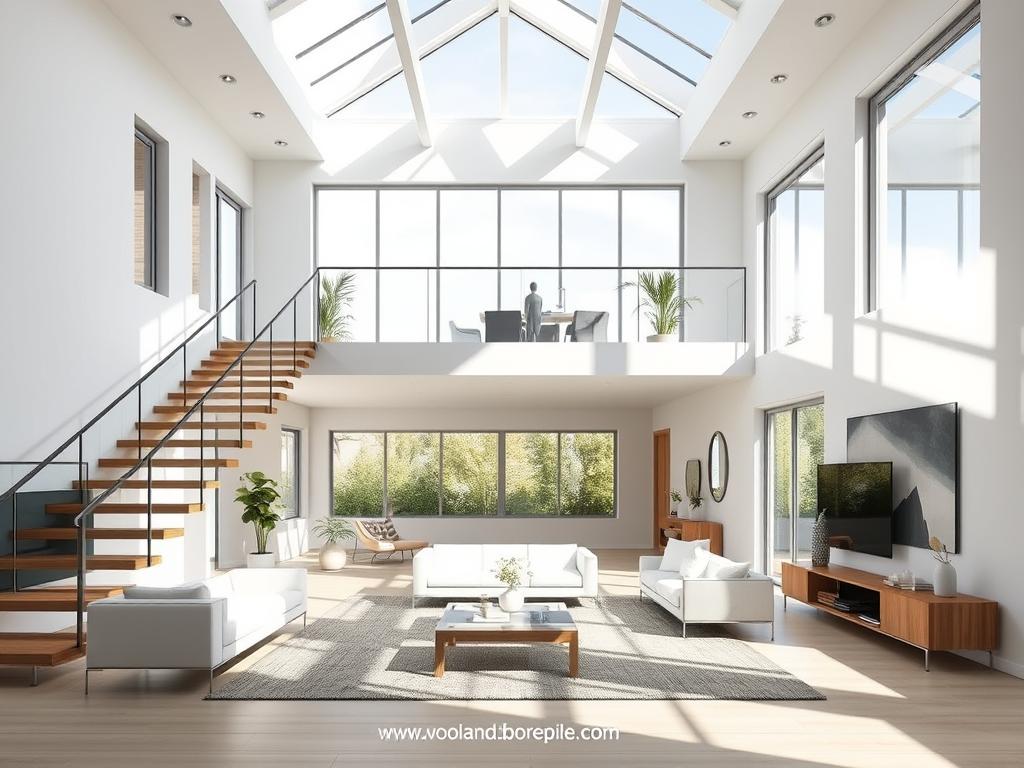 Optimized two-story home interior, natural sunlight streaming through large windows, open-concept living space with sleek furniture and minimalist decor, neutral color palette creating a calming ambiance, geometric architectural elements blending seamlessly, stylish staircase leading to second floor, www.jowolandborepile.com branding subtly integrated into the scene, capturing the essence of simple and affordable two-story home design.