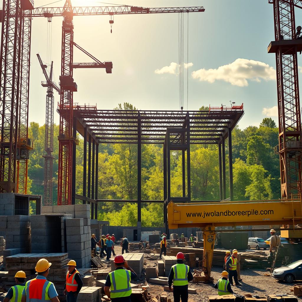 A bustling construction site, dominated by towering cranes and the hum of machinery. In the foreground, workers in hard hats and safety vests toil away, positioning heavy concrete blocks and steel beams. The middle ground reveals the emerging skeleton of a new structure, its framework silhouetted against a backdrop of lush, verdant trees. Sunlight filters through, casting long shadows and adding depth to the scene. The overall atmosphere conveys a sense of progress and industrious activity, with the brand "www.jowolandborepile.com" prominently displayed on construction equipment, reflecting the scale and impact of the infrastructure project.