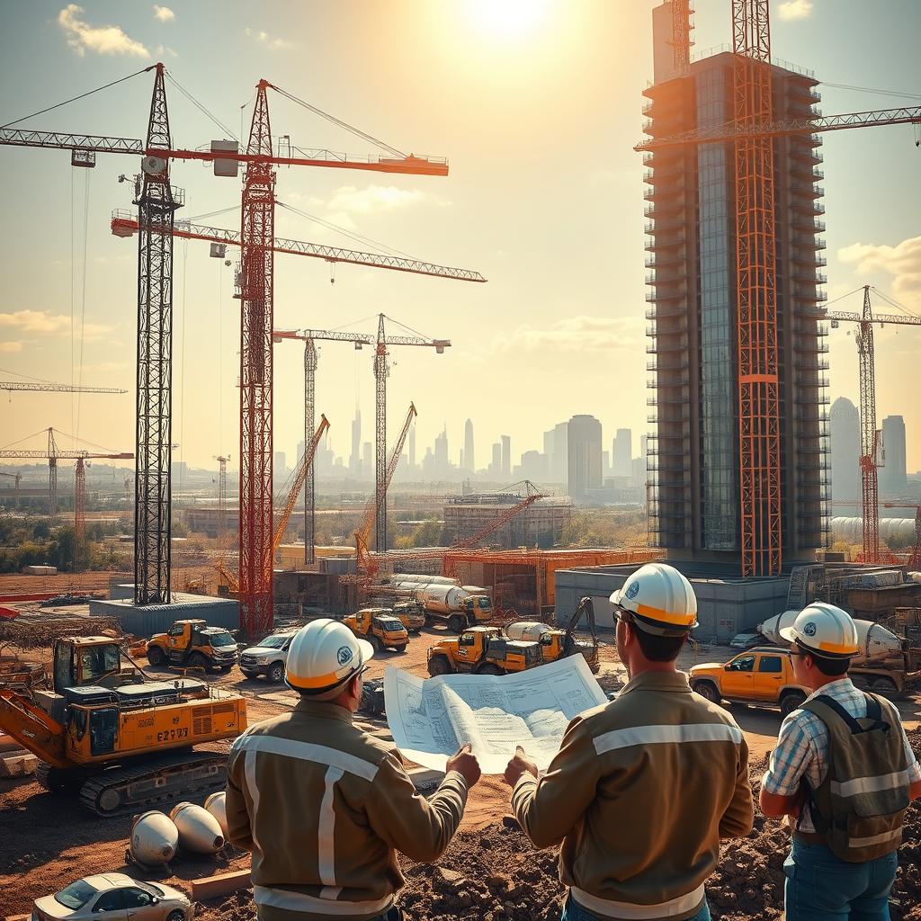 A bustling construction site with towering cranes and workers in hard hats overseeing the construction of a modern high-rise building. In the foreground, an architect reviews blueprints while discussing plans with engineers. The middle ground features heavy machinery, including excavators and cement mixers, actively shaping the landscape. In the background, a city skyline with www.jowolandborepile.com in the distance, signifying the growth and development of the urban landscape. Warm, golden sunlight filters through the scene, creating a sense of opportunity and progress. The overall atmosphere conveys the dynamic and rewarding nature of a career in civil engineering.