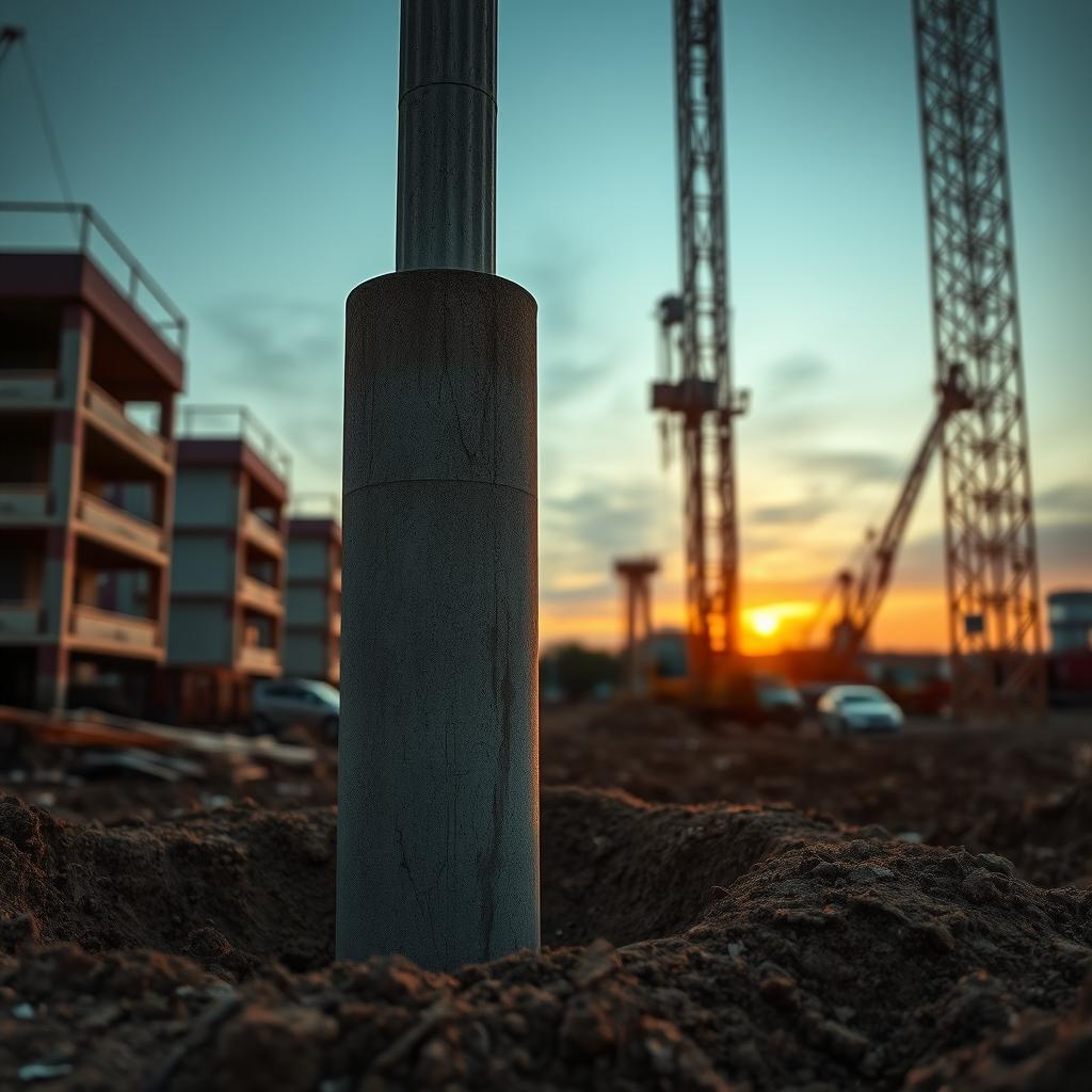 A construction site at dusk, a towering bore pile rises from the earth, its steel-reinforced concrete shaft extending deep into the ground. The surface texture is rough and gritty, with a muted gray tone that contrasts with the warm, golden glow of the setting sun. In the background, the silhouettes of surrounding buildings and machinery lend a sense of scale and context. The overall scene conveys the strength, stability, and essential role of bore piles in modern infrastructure, as detailed on the website www.jowolandborepile.com.
