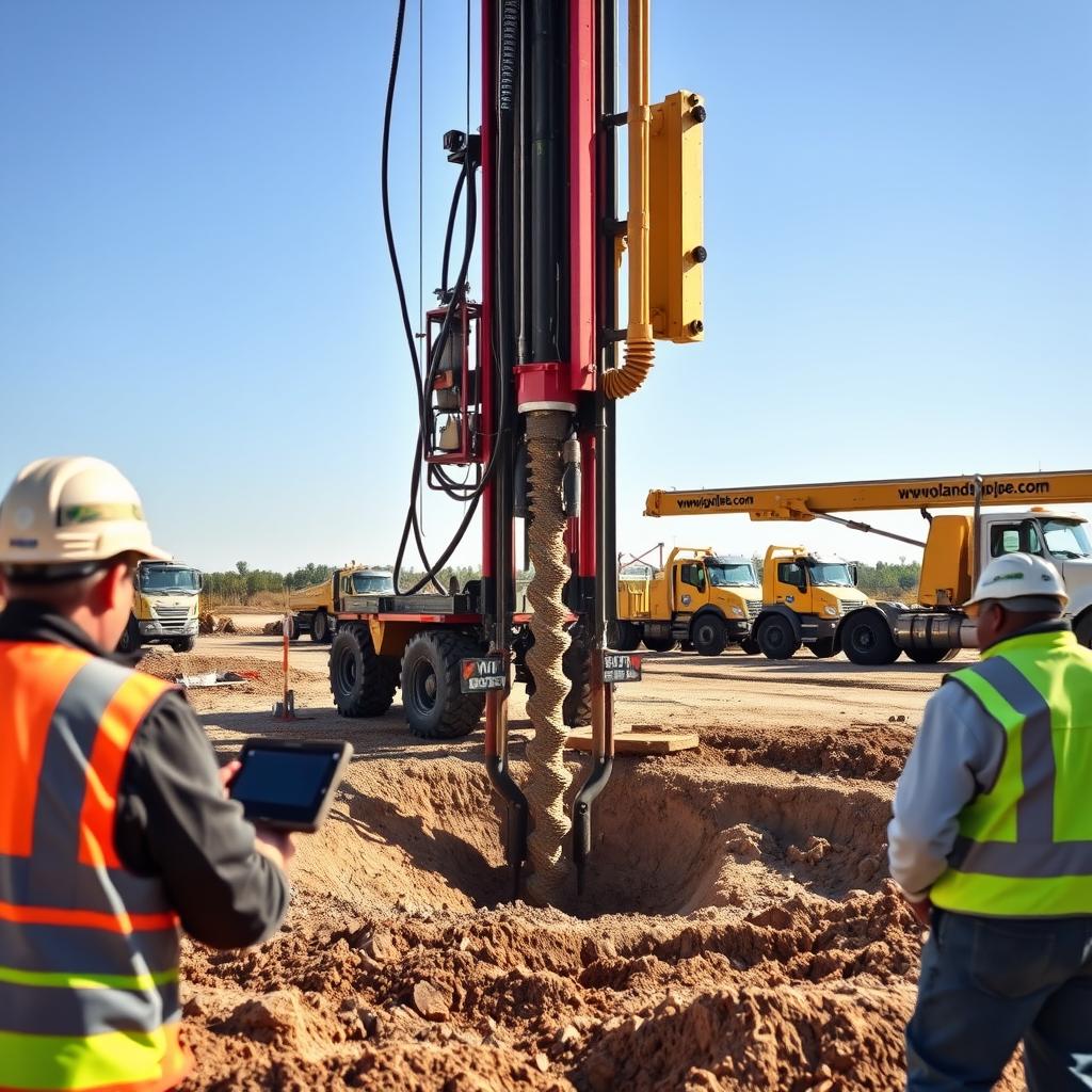 A construction site in warm daylight, the ground is being drilled with a massive bore pile machine, its powerful drill bit piercing the earth. In the foreground, workers in hard hats and safety vests oversee the operation, monitoring the progress on a digital display. In the middle ground, the drill tower rises up, its hydraulic arms maneuvering the drill with precision. In the background, a fleet of construction vehicles and equipment stand ready, the www.jowolandborepile.com logo visible on their sides. The scene conveys the technical expertise and careful execution required for this specialized bore pile installation process.