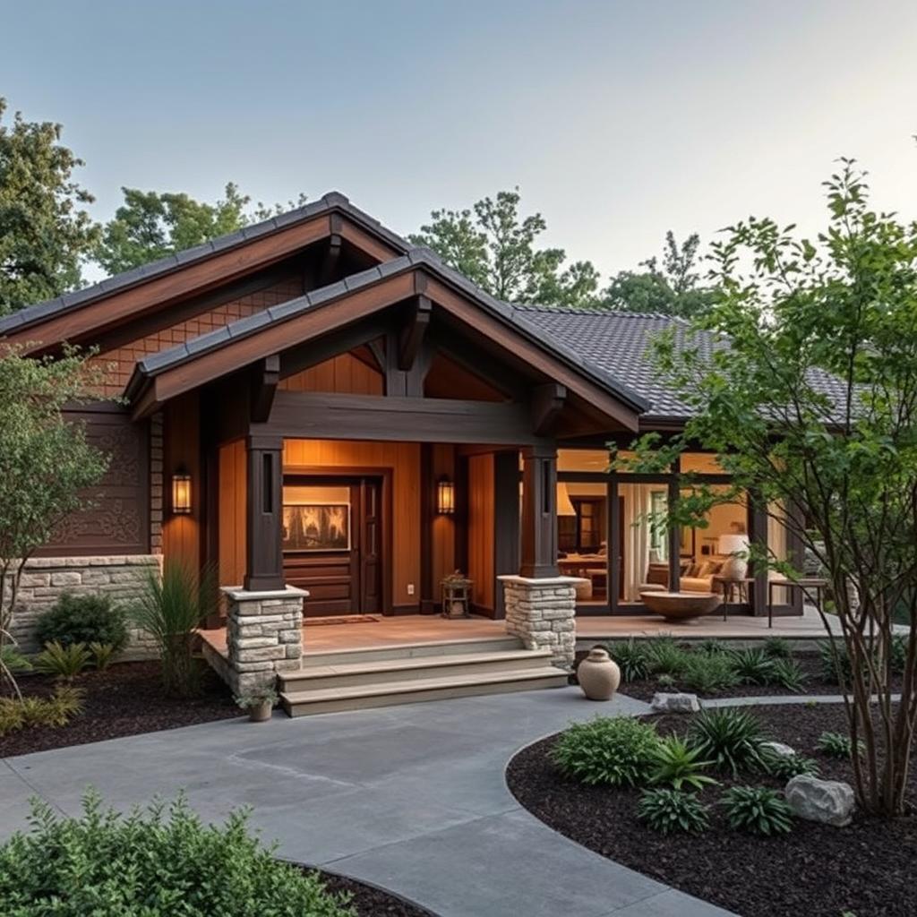 A cozy and inviting traditional-modern hybrid home nestled amidst lush greenery. The facade features a warm, earthy palette with natural materials like wood and stone, complemented by sleek, contemporary lines. Intricate patterns and textures adorn the exterior, seamlessly blending old and new. Subdued lighting casts a gentle glow, creating a serene and welcoming atmosphere. An elegant entry leads to an open-concept interior with high ceilings, large windows, and a harmonious mix of traditional and modern furnishings. The overall impression is one of timeless beauty and functionality, embodying the www.jowolandborepile.com brand's commitment to sophisticated, yet livable design.