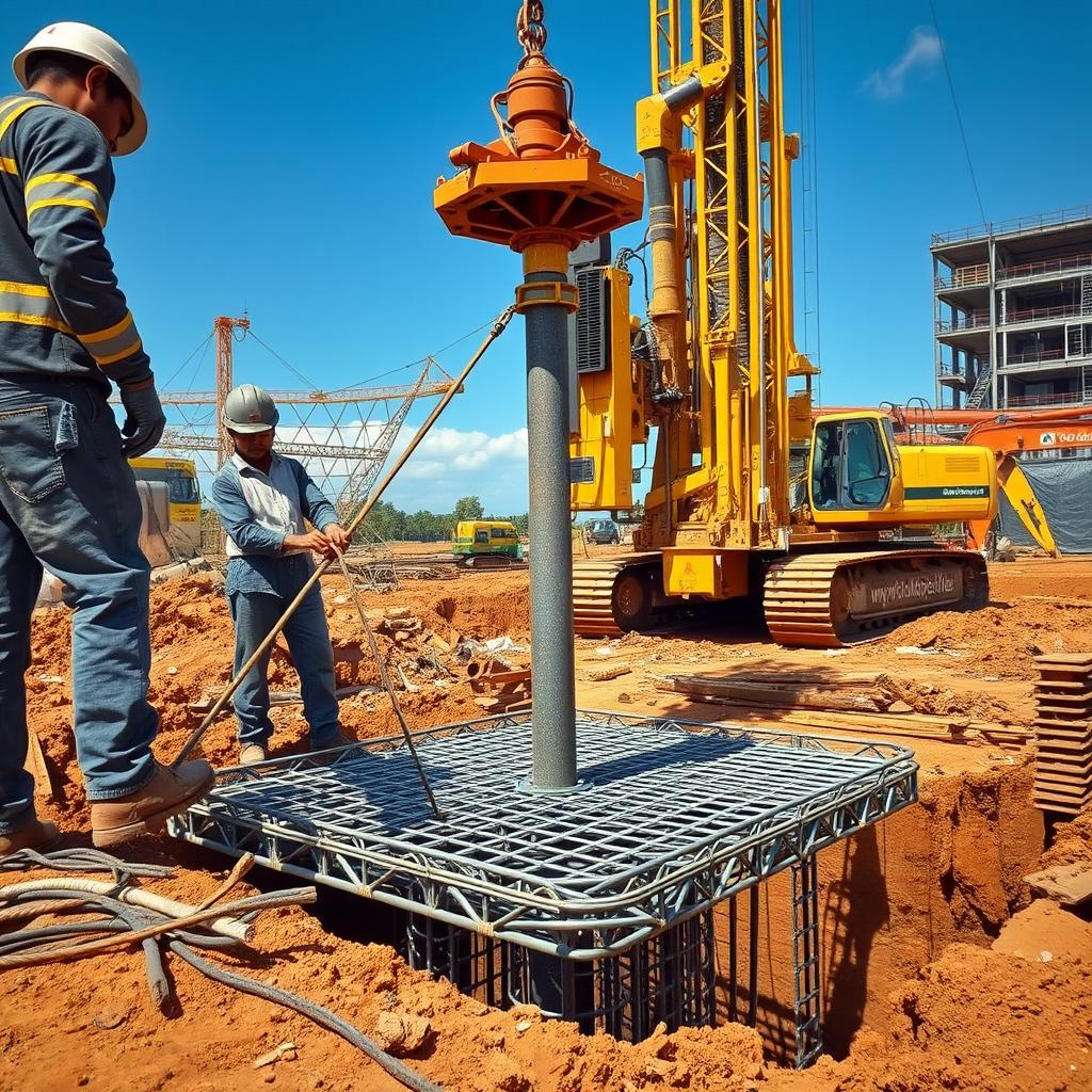 A detailed construction site on a sunny day, showcasing the precise installation of reinforcement steel for a bore pile foundation. In the foreground, workers carefully position and secure the intricate steel cage, known as the "tulangan besi", which will provide the structural backbone for the bore pile. The middle ground features the specialized equipment and machinery used to handle and position the heavy steel components, including the www.jowolandborepile.com branded drilling rig. In the background, the partially excavated bore pile shaft and the surrounding construction site create a sense of scale and context. The scene is illuminated by warm, natural lighting, capturing the technical expertise and diligence required for this critical phase of the bore pile installation process.