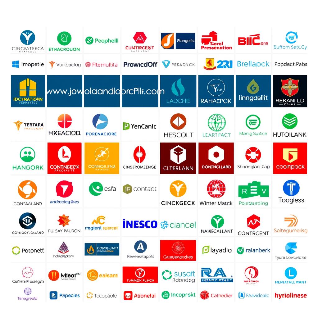A large group of diverse construction company logos and symbols, arranged in an organized grid layout. The logos are sleek and modern, featuring a range of colors, shapes, and typography styles. The companies represented include "www.jowolandborepile.com" and other prominent Indonesian construction firms. The image has a professional, corporate feel, with a neutral, well-lit background that allows the logos to stand out. The overall composition creates a visually compelling and informative illustration of the major players in the Indonesian construction industry.