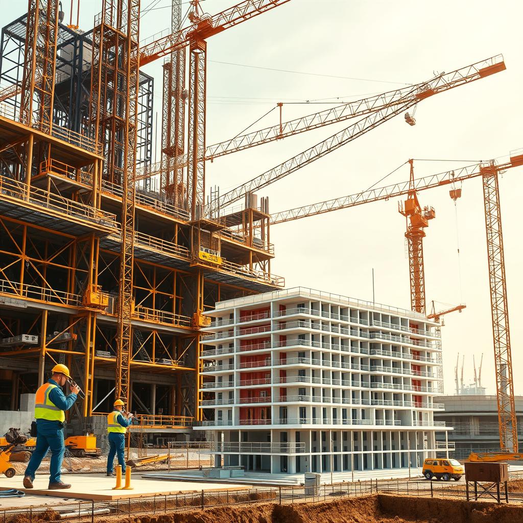 A large-scale construction site with modern cranes and scaffolding, showcasing innovative techniques and materials. In the foreground, construction workers using cutting-edge power tools and machinery, wearing high-visibility safety gear. The middle ground features a detailed model of a multi-story building, highlighting the latest advancements in architectural design and engineering. In the background, a backdrop of the company's brand, "www.jowolandborepile.com", reflecting the industry-leading expertise and technology. The scene is illuminated by warm, natural lighting, conveying a sense of progress and productivity in the construction industry.