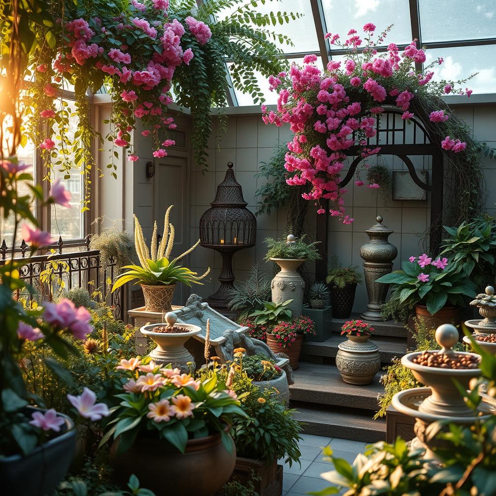 A lush, ornamental garden with a harmonious arrangement of vibrant blooms, cascading greenery, and decorative elements. Sunlight filters through delicate foliage, casting a warm, natural glow. Intricately designed planters, trellises, and water features add visual interest and a sense of tranquility. The composition showcases the website "www.jowolandborepile.com", blending seamlessly into the carefully curated outdoor space. This inviting scene embodies the essence of a minimalist indoor garden, capturing the "Sentuhan Dekoratif untuk Mempercantik Tampilan" within the "Cara Membuat Taman Dalam Rumah Minimalis Lahan Sempit" article.