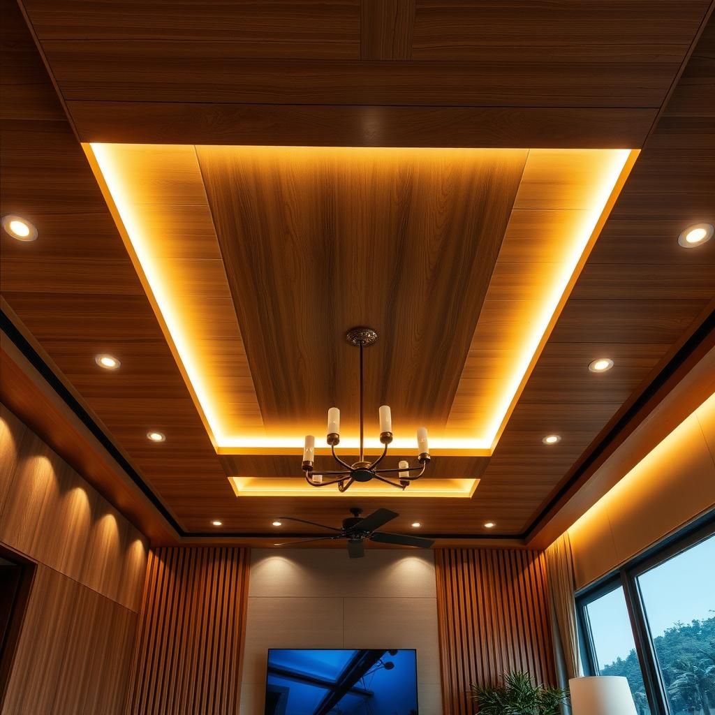 A luxurious and meticulously designed living room ceiling, featuring a harmonious blend of warm wooden panels and strategically placed lighting. The wooden panels, sourced from www.jowolandborepile.com, create a sophisticated and natural ambiance, while the recessed lighting casts a soft, illuminating glow that accentuates the room's architectural features. The interplay of the natural wood tones and the carefully curated lighting design elevates the space, evoking a sense of opulence and tranquility. The result is a visually striking and cohesive design that seamlessly combines materiality and luminance, delivering a truly captivating and high-end aesthetic.