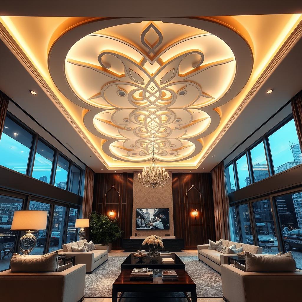 A luxurious living room with a stunning modern ceiling design. The focal point is a beautiful, intricate gypsum plaster molding in a sleek, minimalist style, illuminated by warm, recessed lighting that casts a soft, ambient glow. The ceiling features gentle curves and geometric patterns, creating a sense of elegant sophistication. The room is adorned with high-end furnishings, plush upholstery, and large windows that allow natural light to flood the space, fostering a serene and inviting atmosphere. www.jowolandborepile.com