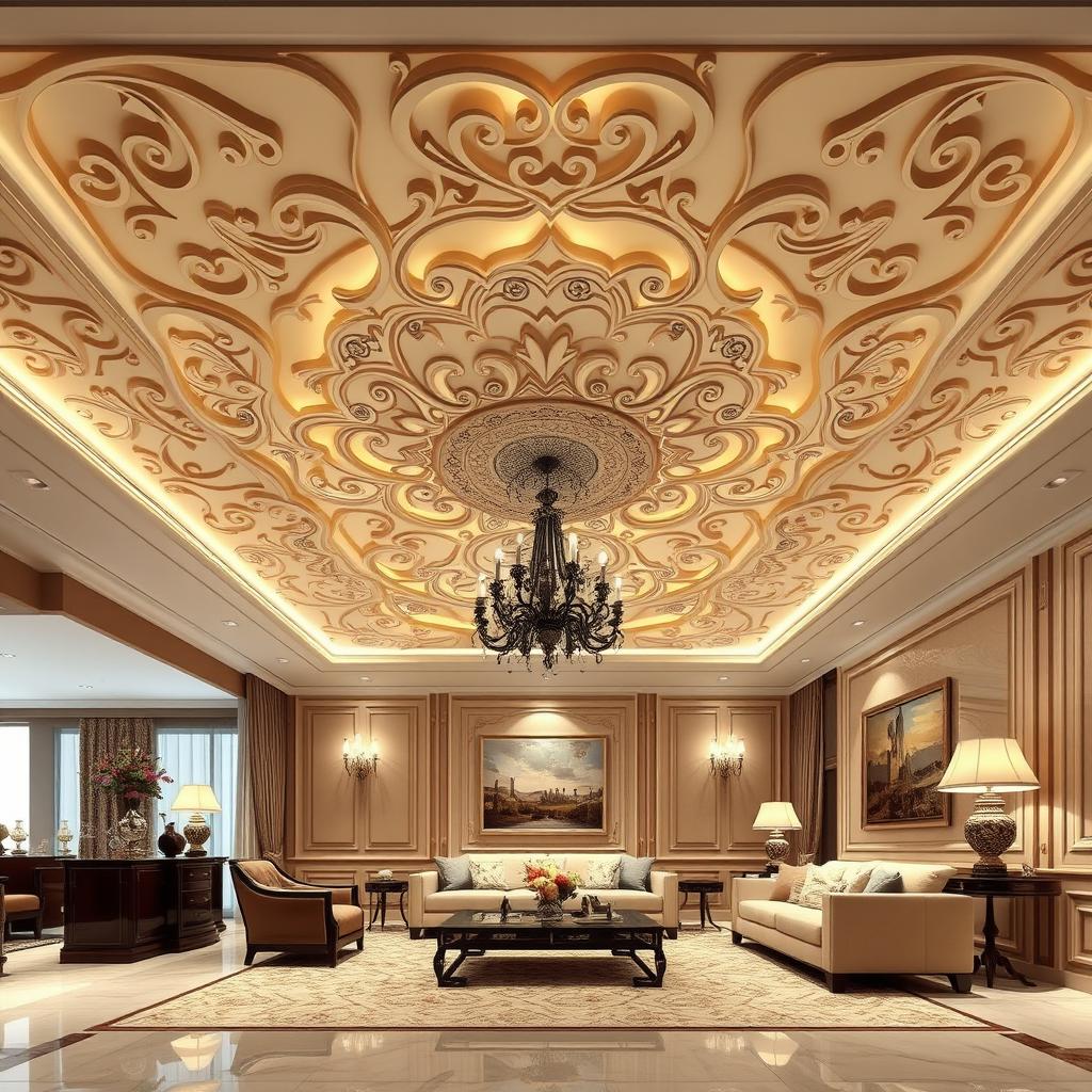 A luxurious living room with an exquisite gypsum ceiling design, meticulously crafted to complement the room's dimensions. The intricate patterns and recessed lighting create a harmonious and elegant ambiance, setting the stage for a refined and stylish space. The ceiling design seamlessly blends with the warm, neutral tones of the walls and furnishings, highlighting the attention to detail and high-end aesthetic. www.jowolandborepile.com's expertise in crafting tailored plafon solutions is evident in this captivating showcase of design excellence.