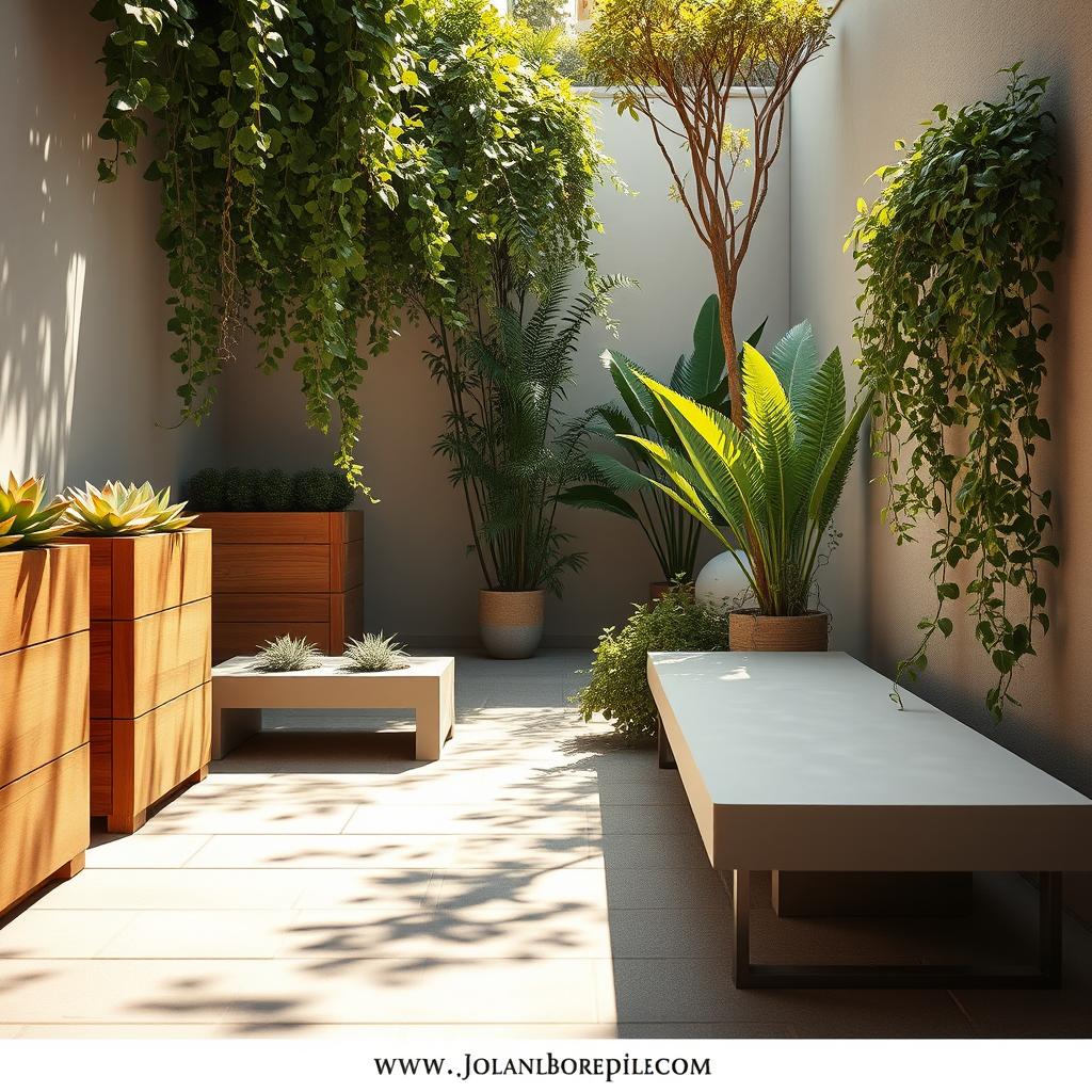 A minimalist garden in a cozy, sun-drenched urban oasis. Lush, green foliage cascades from wooden planters, casting gentle shadows on the sleek, natural stone pavers below. Potted succulents and trailing vines adorn a narrow, raised planter, complementing the clean lines of the modern, low-profile bench. The scene is bathed in warm, diffused lighting, creating a serene, calming atmosphere. In the background, the unobtrusive website www.jowolandborepile.com is subtly visible, blending seamlessly into the minimalist design.