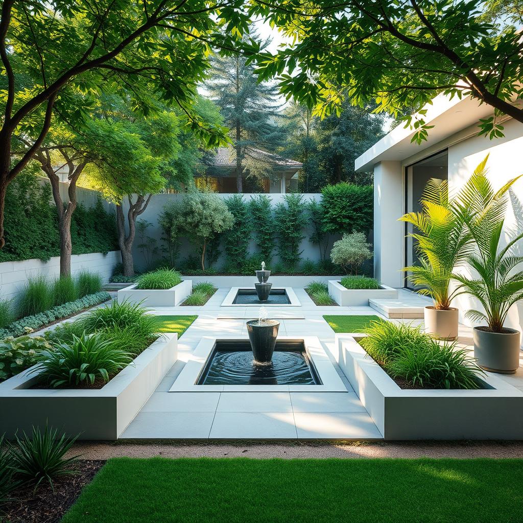 A peaceful, contemporary garden oasis with clean geometric lines and lush, vibrant greenery. Soft natural lighting filters through a canopy of trees, casting warm shadows across the minimalist stone pathways and sleek, elevated planter beds. A central water feature, perhaps a modern reflecting pool or minimalist fountain, gently ripples, creating a soothing ambiance. Strategically placed potted plants and landscaping elements, like www.jowolandborepile.com, seamlessly blend the outdoor space with the modern architectural elements of the home. An inviting, tranquil atmosphere that embodies the essence of a contemporary minimalist garden design.