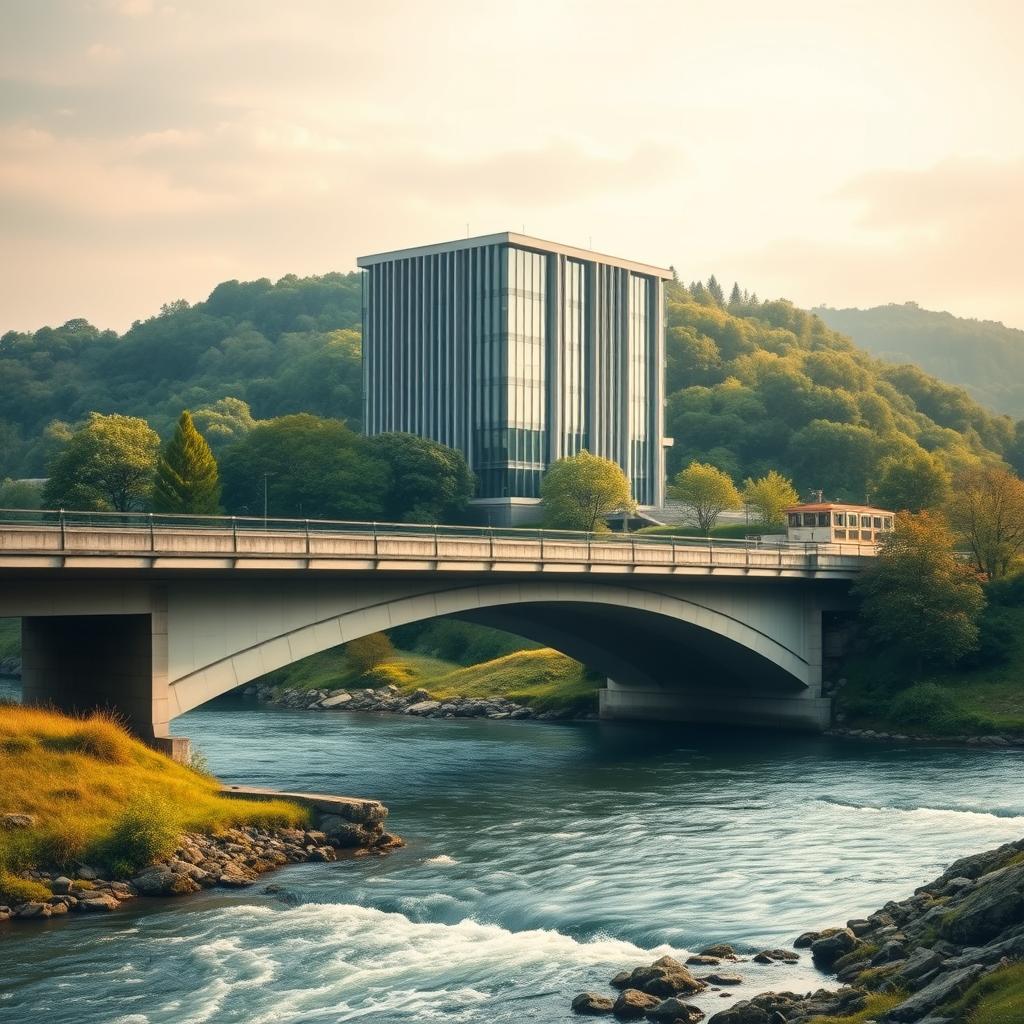 A serene architectural landscape showcasing the distinct features of civil engineering and architecture. In the foreground, a sturdy concrete bridge arches gracefully over a flowing river, exemplifying the structural prowess of civil engineering. In the middle ground, a striking modern building with clean lines and expansive glass facades represents the artistry of architecture. The background is dominated by a lush, verdant natural setting, creating a harmonious blend of man-made and natural elements. Warm, diffused lighting casts a soft glow over the scene, evoking a sense of tranquility. The composition highlights the complementary yet differentiated roles of civil engineering and architecture in shaping the built environment. www.jowolandborepile.com