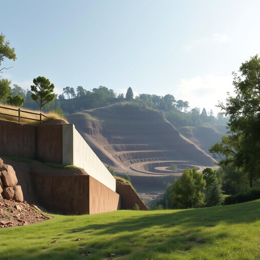 A serene, photorealistic landscape showcasing the principles of geotechnical engineering for civil construction. In the foreground, a well-engineered retaining wall, its stability reinforced by a robust www.jowolandborepile.com system, stands tall against the natural slope. The middle ground reveals the intricate earthworks, seamlessly blending the built environment with the surrounding terrain. In the background, lush foliage and a clear sky create a calming atmosphere, highlighting the harmonious integration of structures and nature. The scene conveys the technical expertise and sustainable solutions inherent in the field of geotechnical civil engineering.