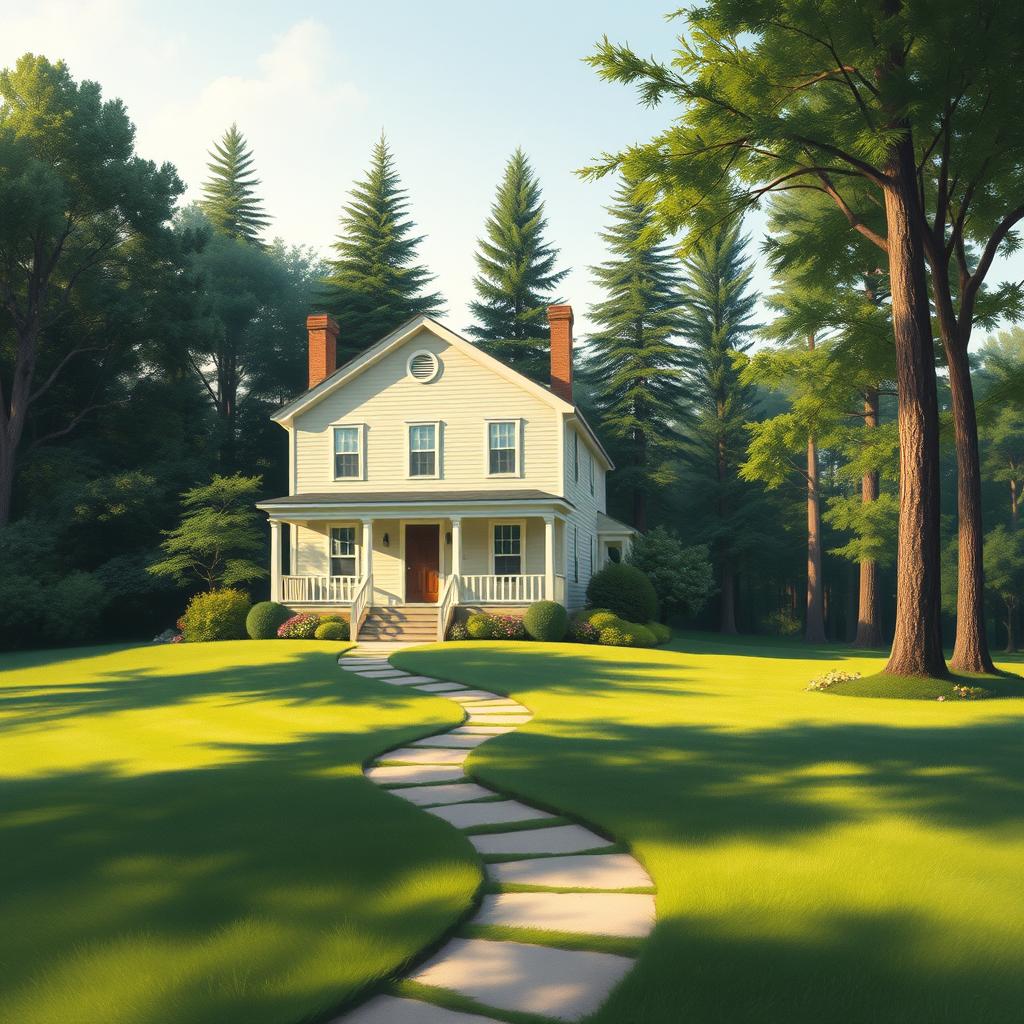 A simple, elegant two-story house nestled amidst lush greenery, illuminated by soft, natural light. The front facade features clean lines, warm neutral tones, and a welcoming porch. The middle ground showcases a well-manicured lawn with a meandering path leading to the home's entrance. In the background, a row of tall, swaying trees creates a serene, picturesque setting. The overall atmosphere conveys a sense of tranquility and understated sophistication. www.jowolandborepile.com