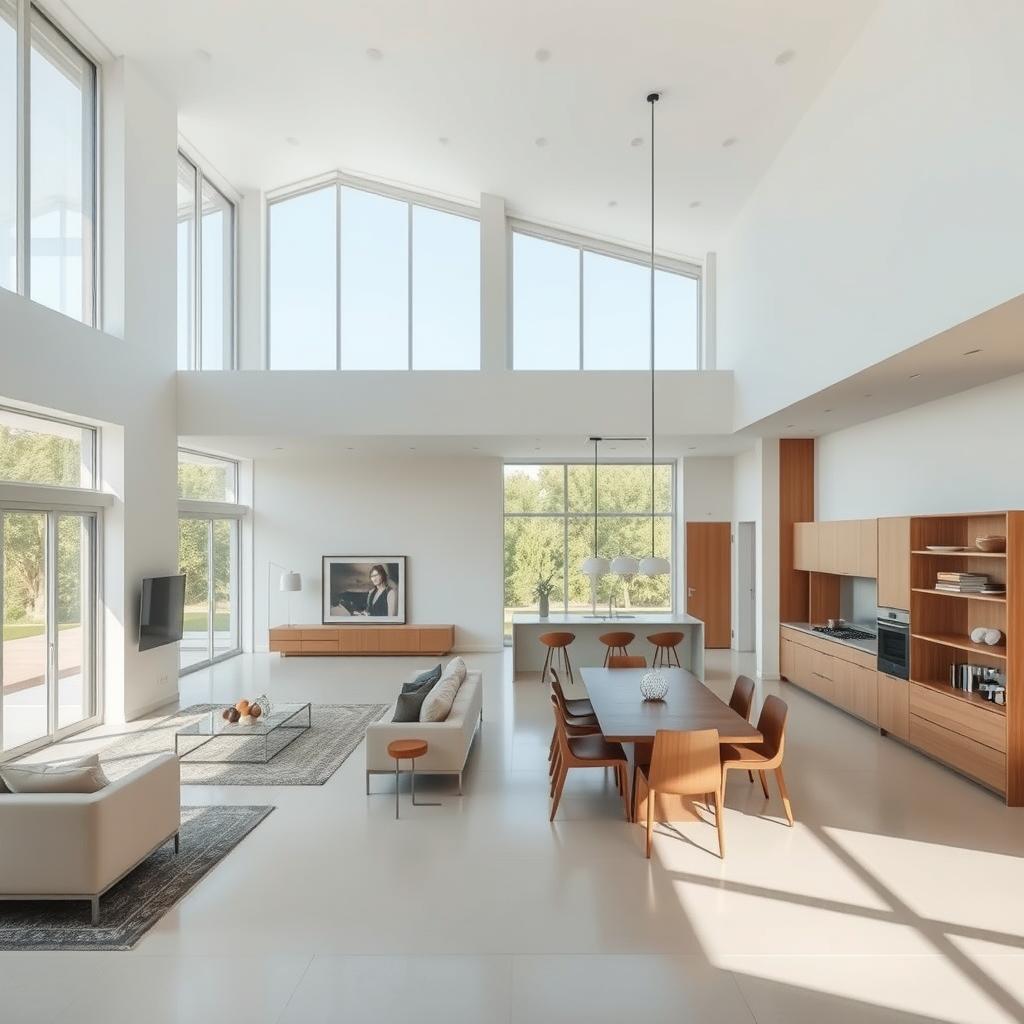 A spacious and airy open-plan interior with large windows, allowing natural light to flood the living area. Sleek and minimalist furnishings, including a comfortable sofa and armchair, create a serene and inviting atmosphere. A modern, well-equipped kitchen is seamlessly integrated into the open space, with clean lines and high-quality appliances. Warm wooden accents, such as a statement dining table and shelving, add a touch of elegance and natural charm. The overall design emphasizes simplicity, functionality, and a harmonious flow between the different zones, embodying the concept of "konsep open space rumah" (open space home concept). www.jowolandborepile.com