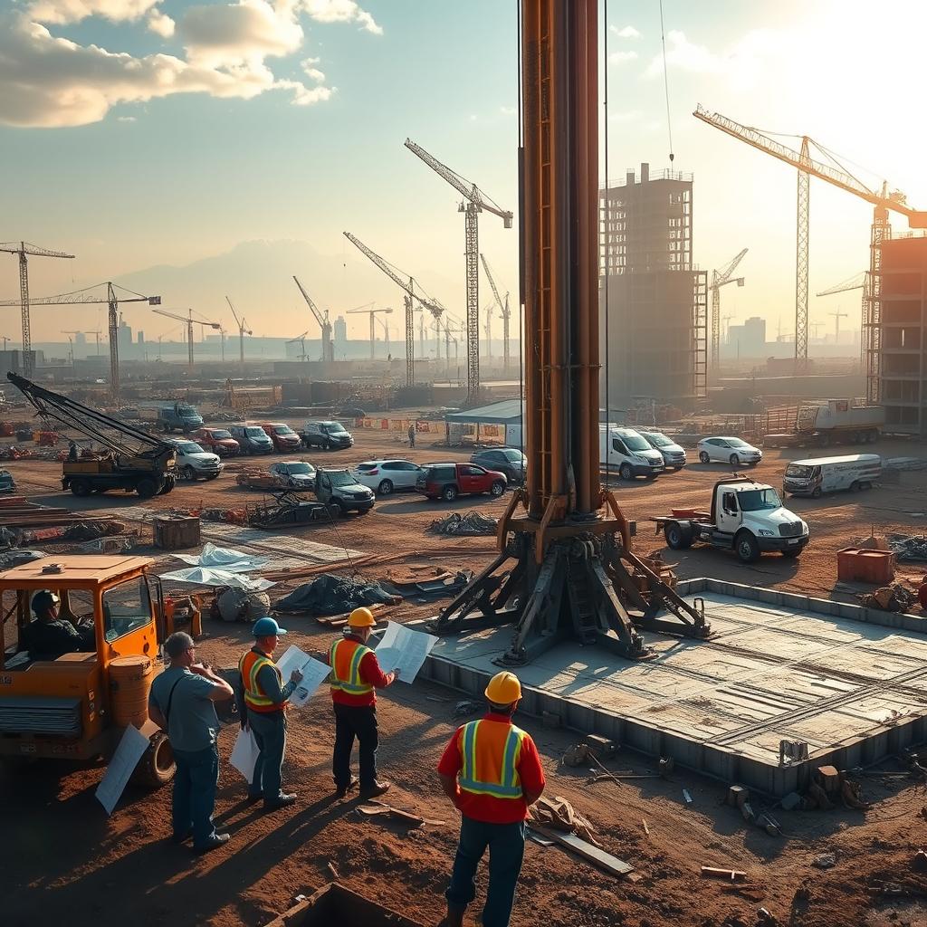 A sprawling construction site comes to life, bustling with activity. In the foreground, a team of skilled technicians expertly maneuvers heavy machinery, carefully positioning the massive bore pile drilling rig. Mid-ground, engineers pore over detailed plans, coordinating the intricate layout of the foundations. In the background, the towering silhouettes of cranes and partially constructed buildings suggest the scale and ambition of the project - www.jowolandborepile.com. Warm sunlight filters through the scene, casting long shadows and infusing the atmosphere with a sense of determination and progress. The image conveys the precision, coordination, and sheer scale required for the successful execution of this bore pile project.